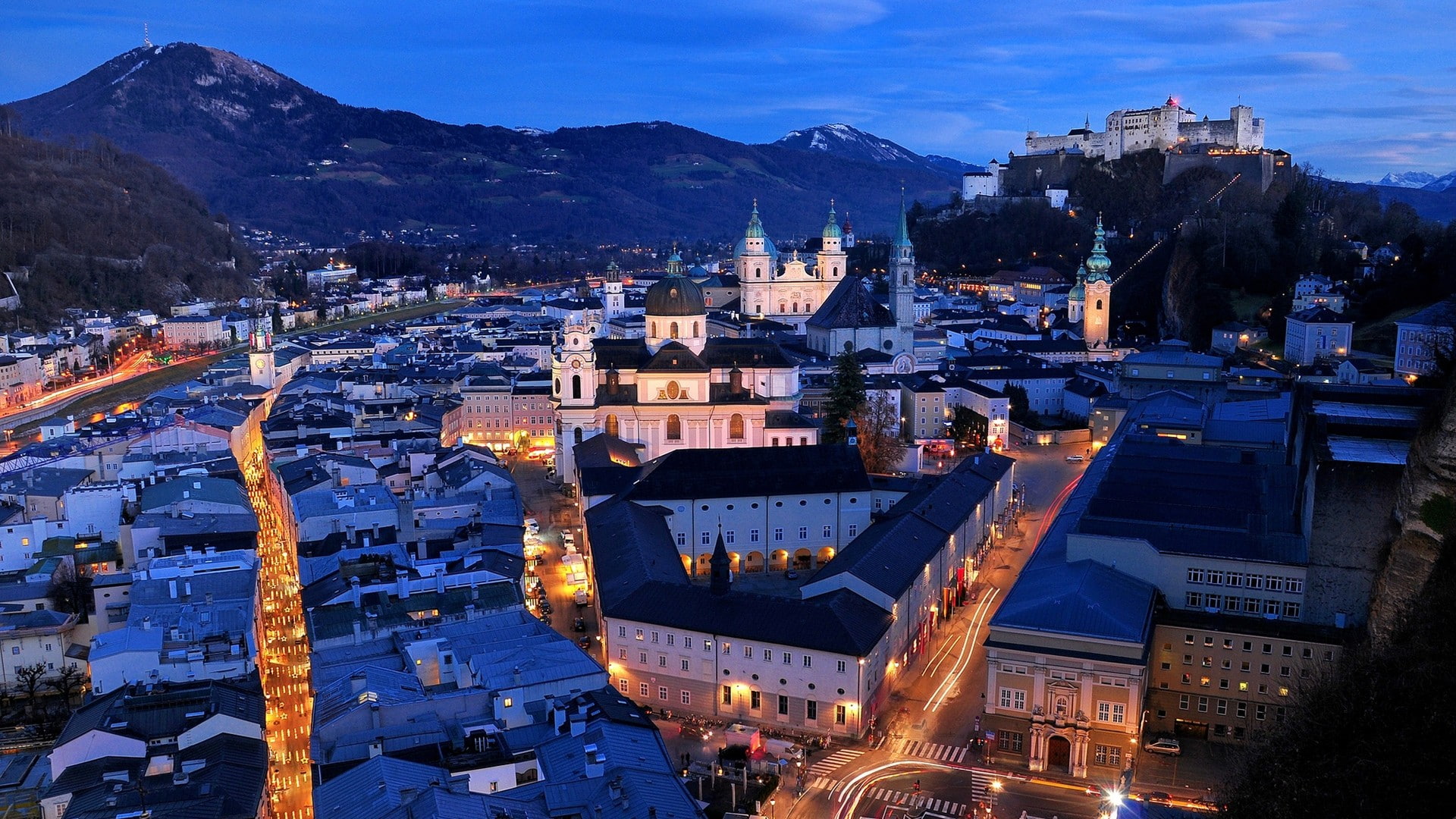 1080P, old, city, salzburg, building, cityscape, hill, 1920x1080, light, architecture, old building, cathedral, HD Wallpaper