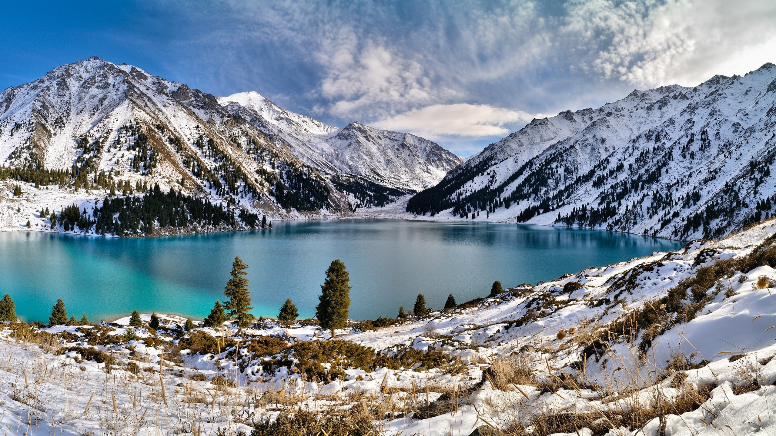 Kazakhstan, mountains, lake, nature, 2K, landscape, Big Almaty Lake, winter, sky, HD Wallpaper