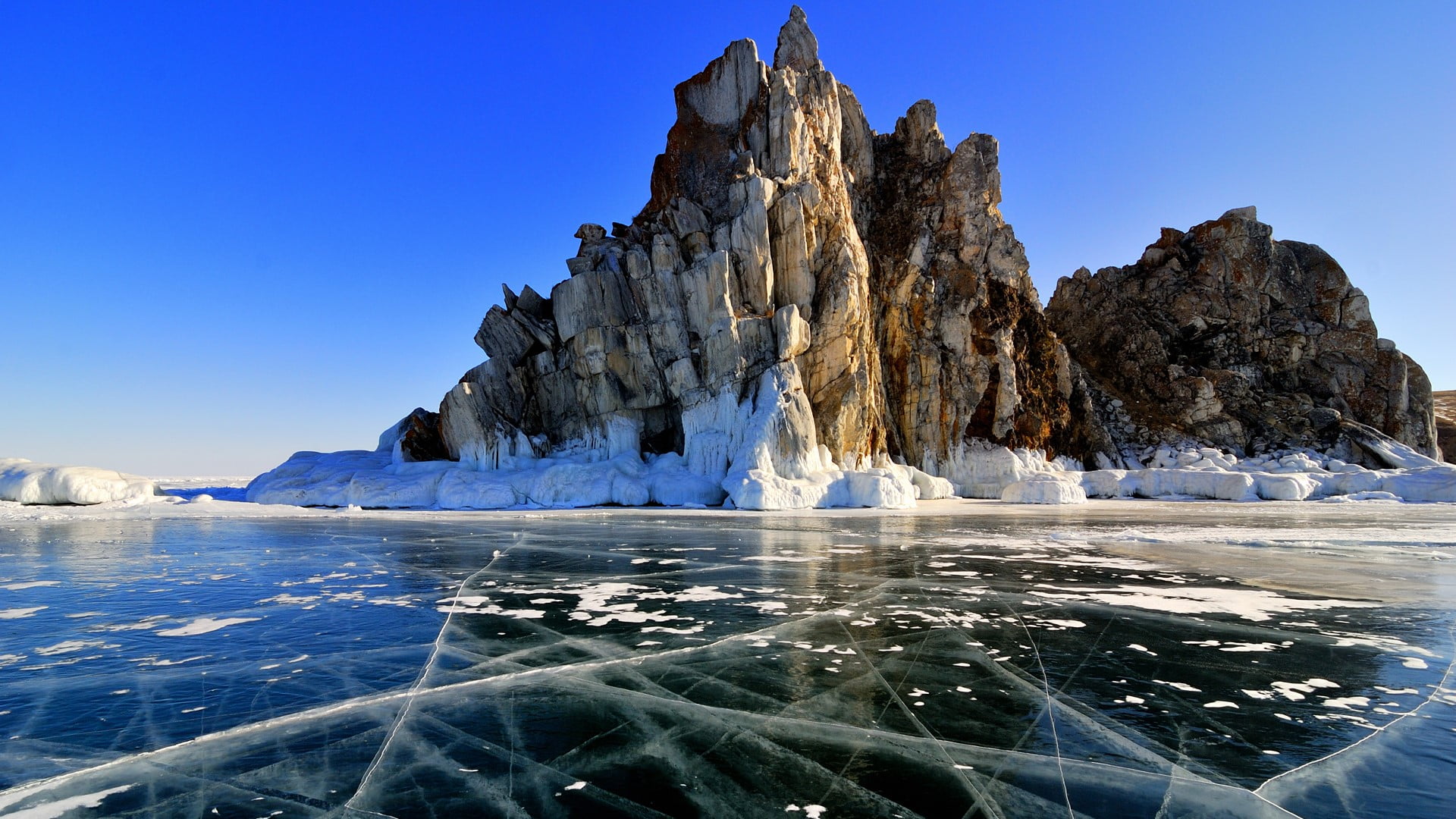 Lake Baikal, landscape, rocks, Russia, ice, nature, lake, 1080P, clear sky, HD Wallpaper
