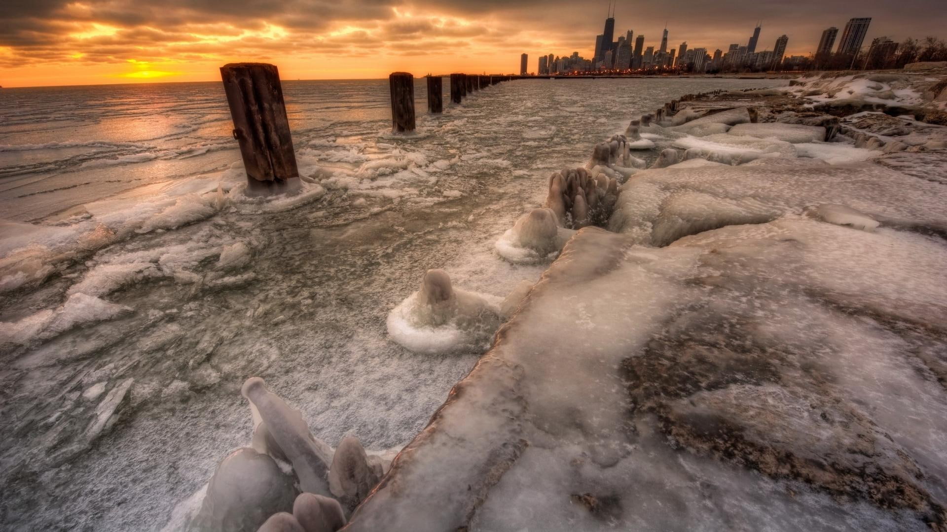 city, michigan, lake, frozen, 1080P, stakes, chicago, nature and landscapes, hdr, HD Wallpaper