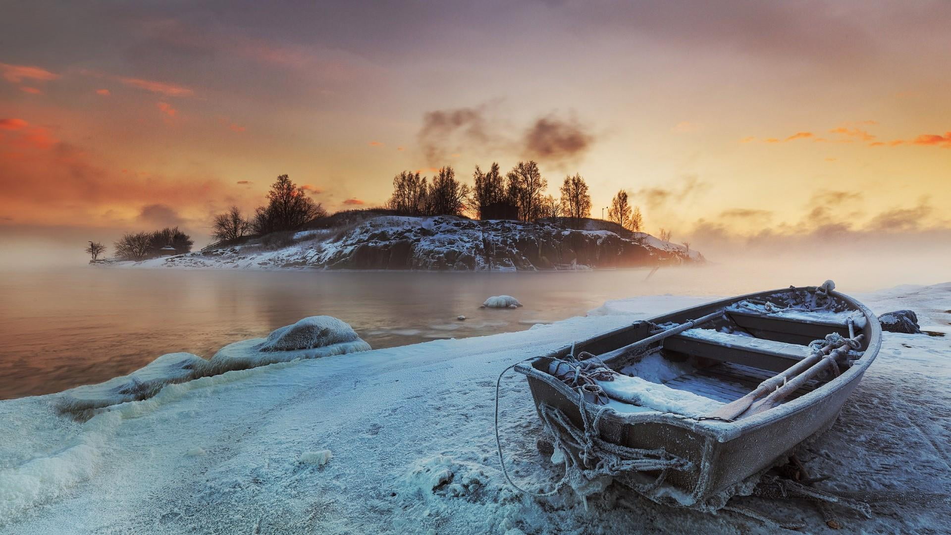 1080P, freezing, land, cold temperature, landscape, mist, outdoors, mode of transportation, tree, sunset, tranquility, boat, transportation, tranquil scene, HD Wallpaper