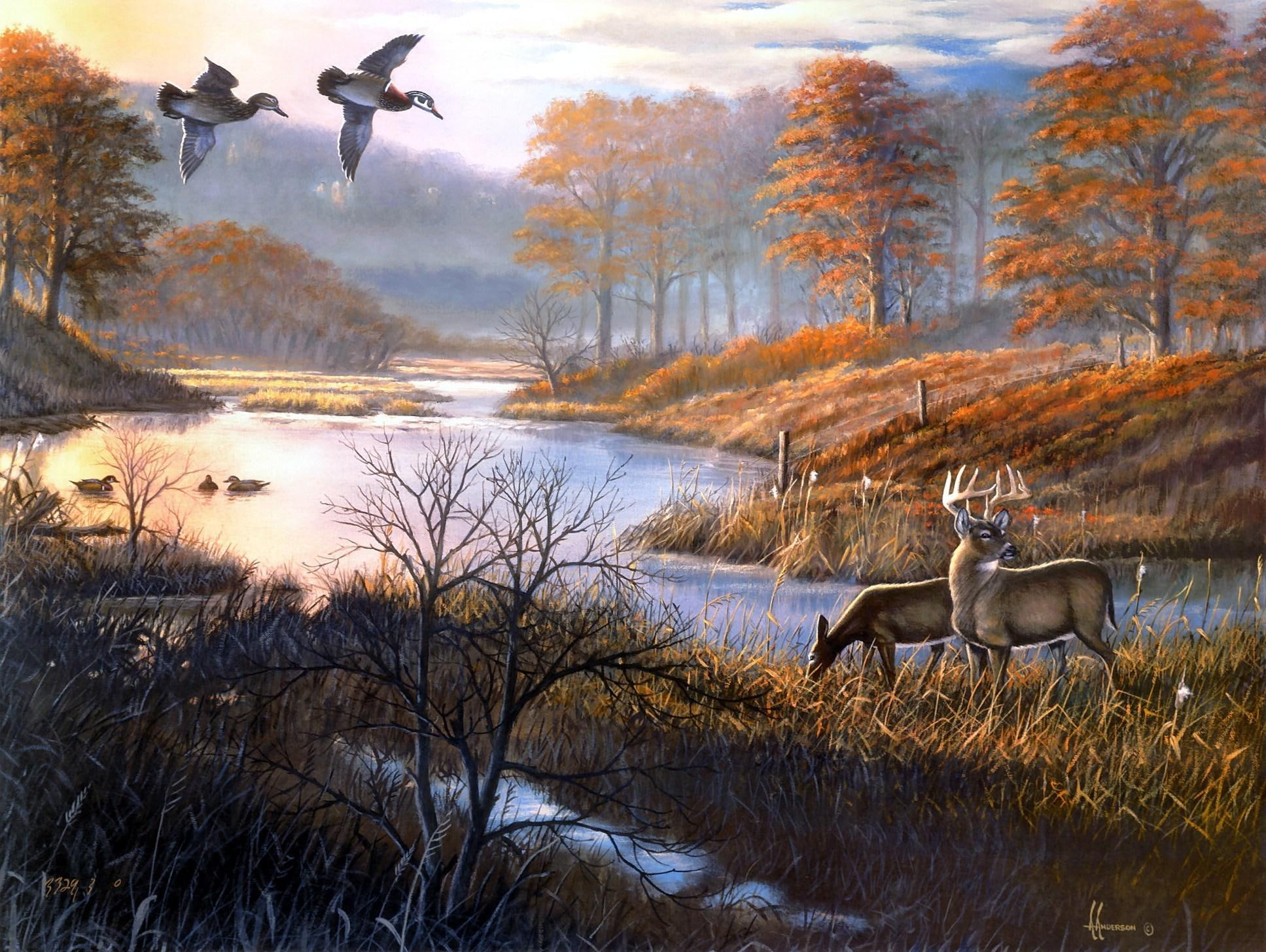 arthur g anderson, erson, fall, frozen, g, painting, 1080P, animals, arthur, deer, duck pond woodies, ducks, pond, lake, HD Wallpaper