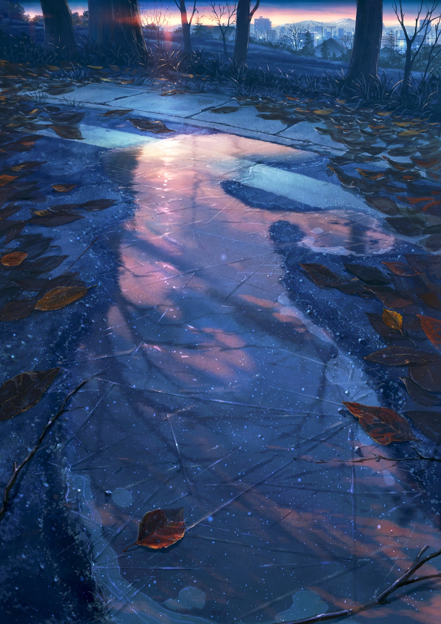 wet, winter, day, reflection, ice, water, road, cold temperature, frozen, digital art, city, waterfront, high angle view, puddle, sunset, portrait display, Phone HD Wallpaper