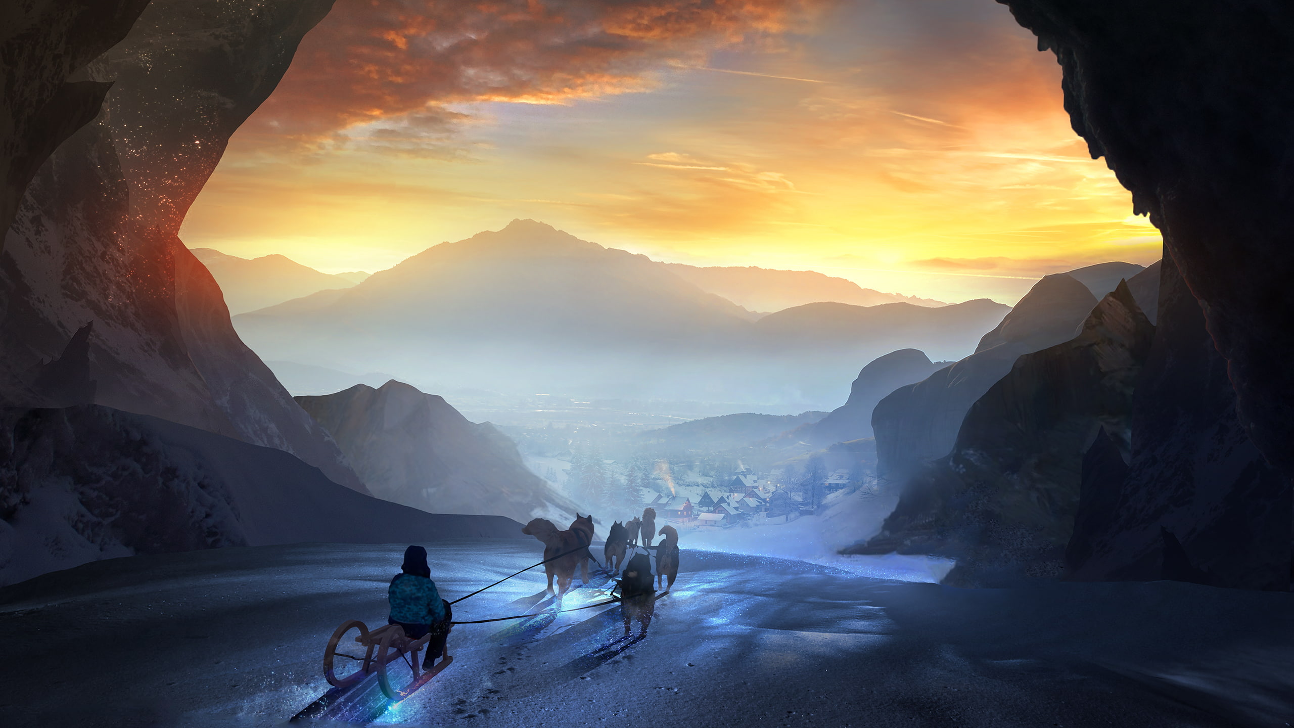 men, sun, group of people, Chariot, real people, lens flare, sunset, cloud - sky, Winter, cold temperature, nature, lifestyles, Sled dogs, mountain range, HD Wallpaper