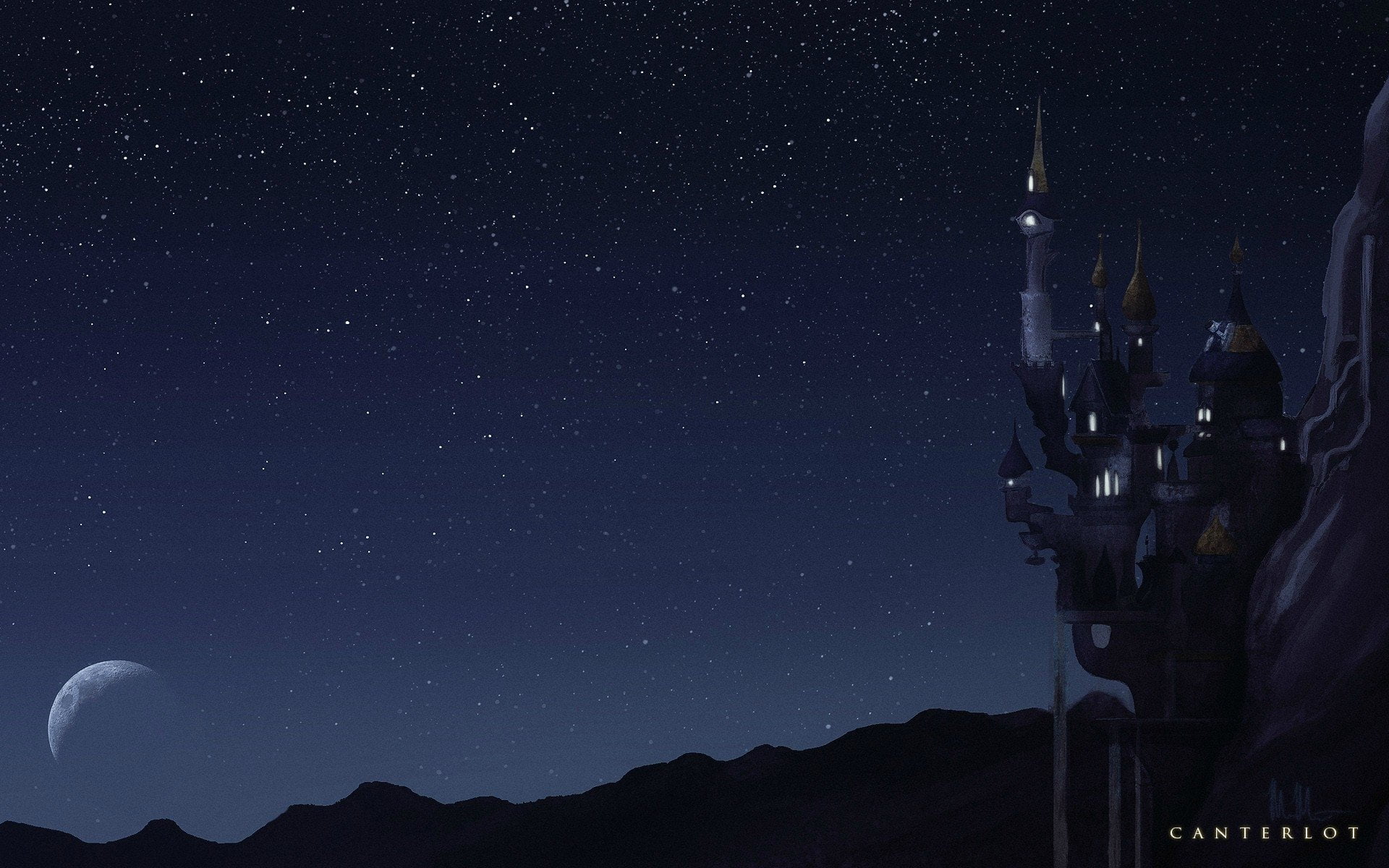  My Little Pony, night, built structure, scenics - nature, star, building exterior, tranquil scene, Canterlot, star - space, Magic, architecture, HD Wallpaper
