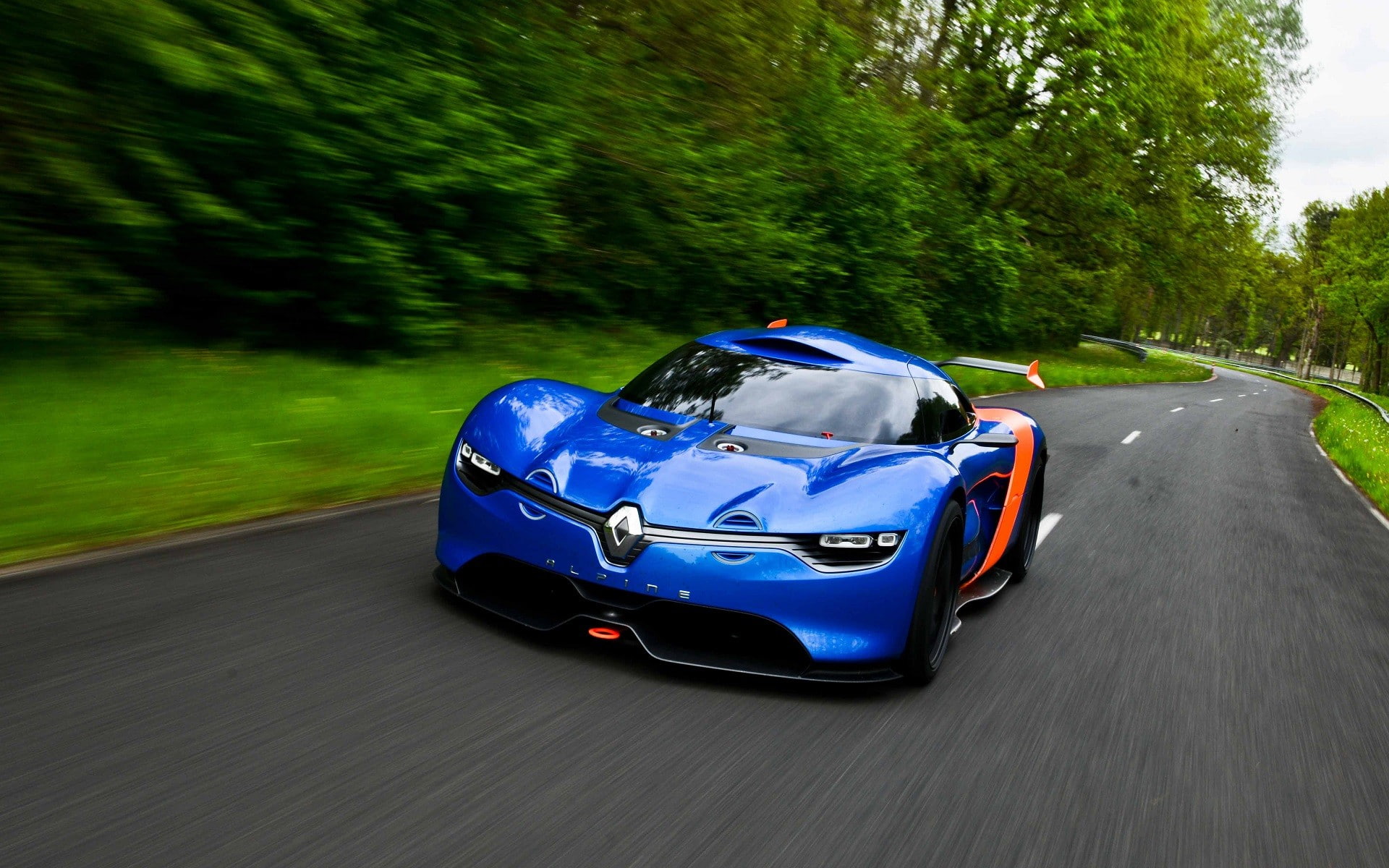 plant, driving, motion, road trip, concept cars, blurred motion, nature, day, 1080P, motor vehicle, car, Renault Alpine, road, tree, blue, land vehicle, HD Wallpaper