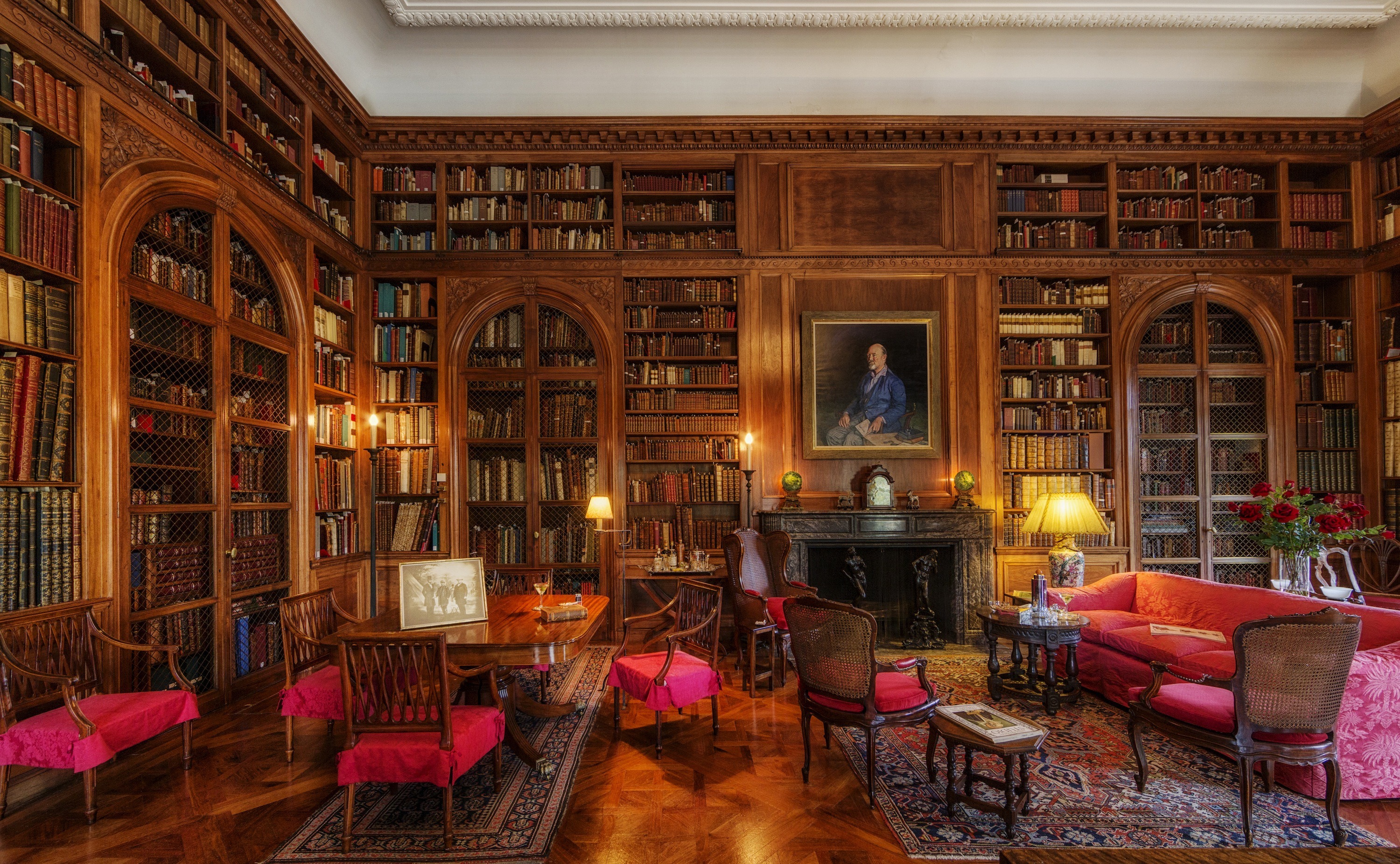 wealth, rich, 2K, reflections, lights, illuminated, decor, window, books, table, john work garrett library, maryland, built structure, fireplace, photo, HD Wallpaper