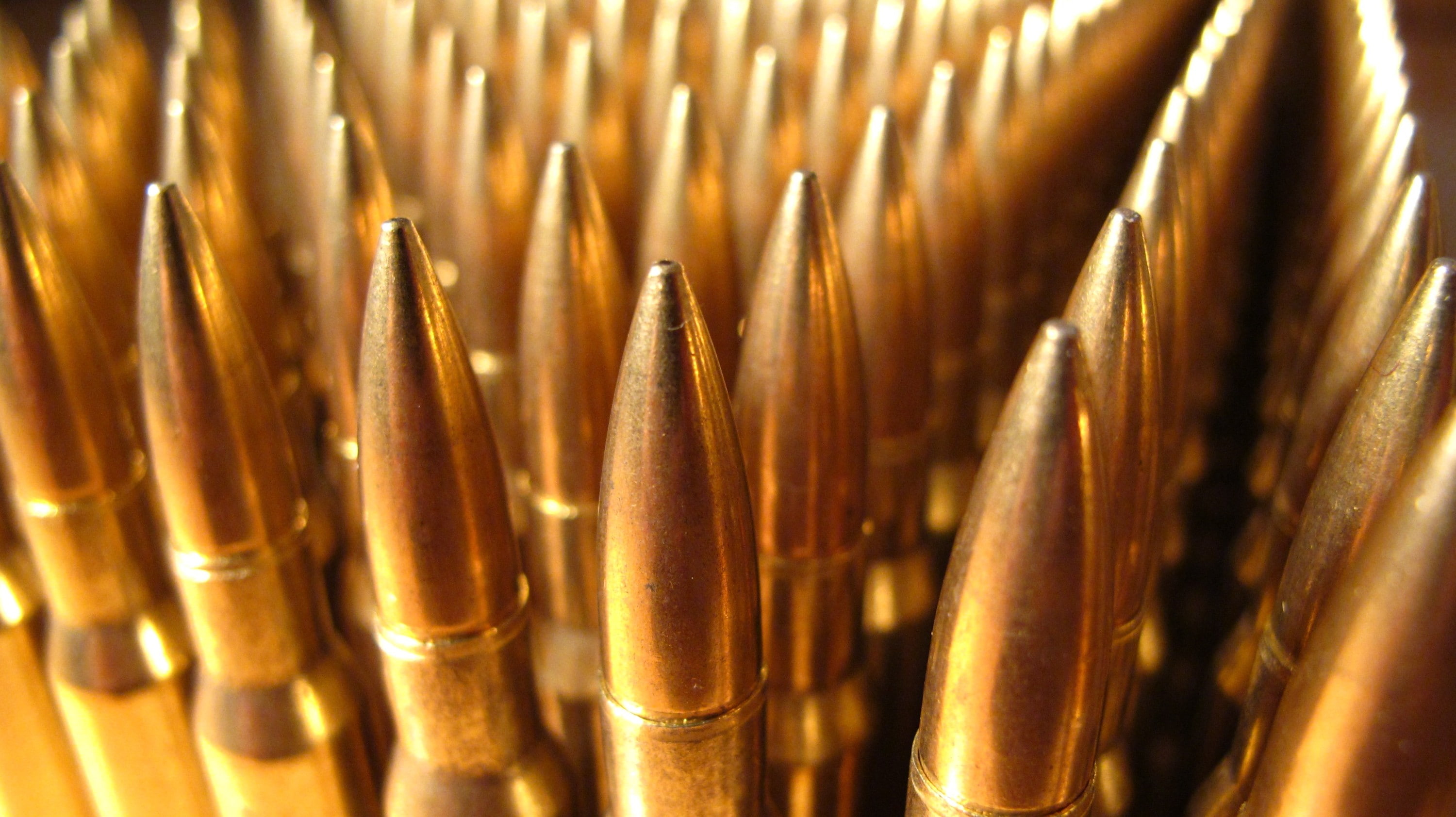 close-up, backgrounds, large group of objects, metal, selective focus, macro, aggression, bullet, brass, sign, no people, gold colored, copper, warning sign, HD Wallpaper