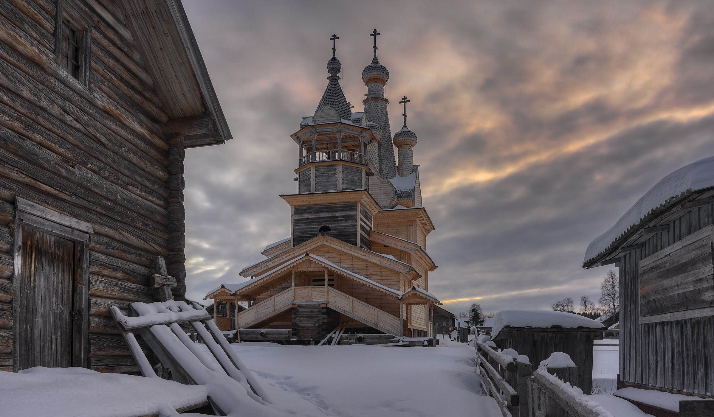 architecture, winter, religion, cold temperature, belief, village, cloud - sky, no people, Russia, building exterior, nature, low angle view, spirituality, HD Wallpaper