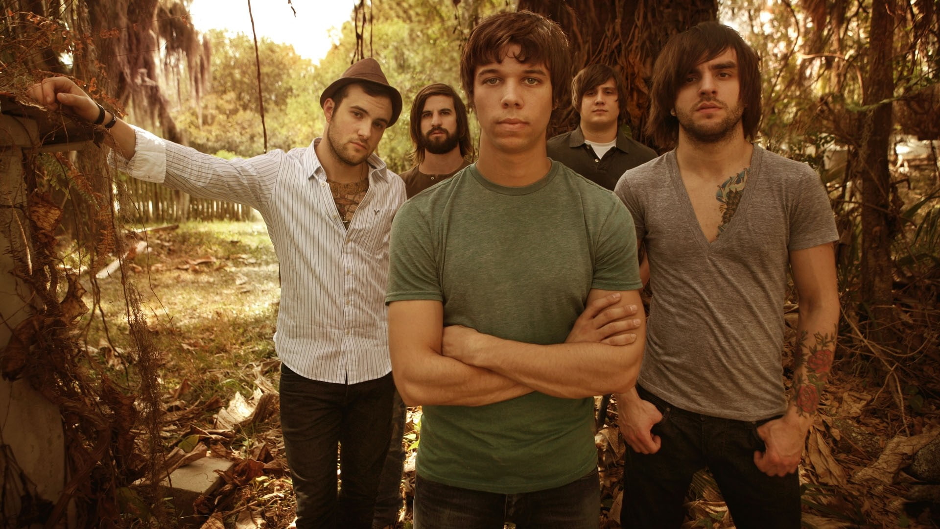 people, outdoors, three quarter length, August burns red, tree, casual clothing, Tattoo, portrait, standing, Plants, front view, looking at camera, togetherness, HD Wallpaper
