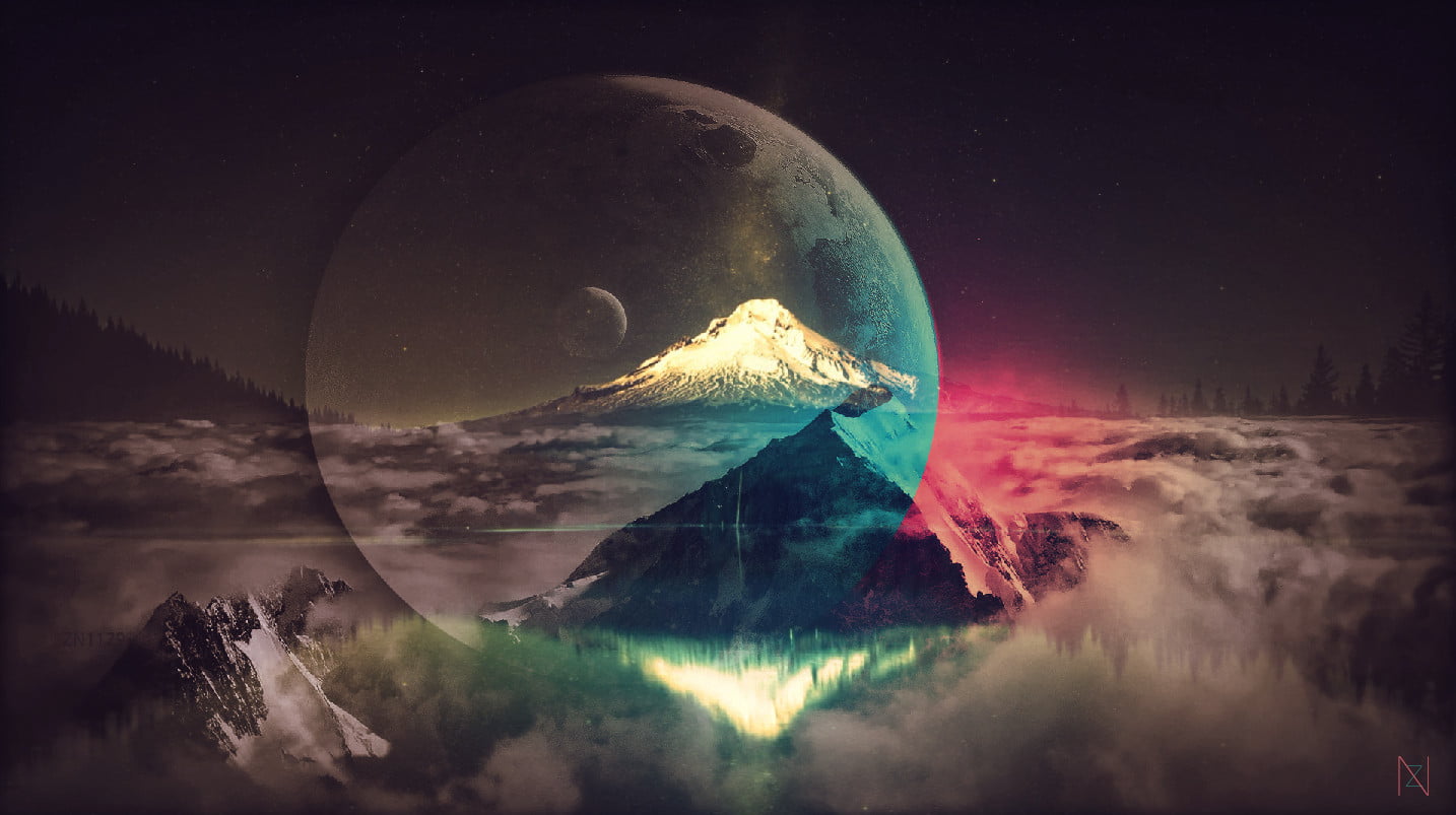 sky, red, pink, astronomy, mystery, science, night, Moon, blue, artwork, space, star - space, water, beauty in nature, space exploration, surreal, digital composite, HD Wallpaper