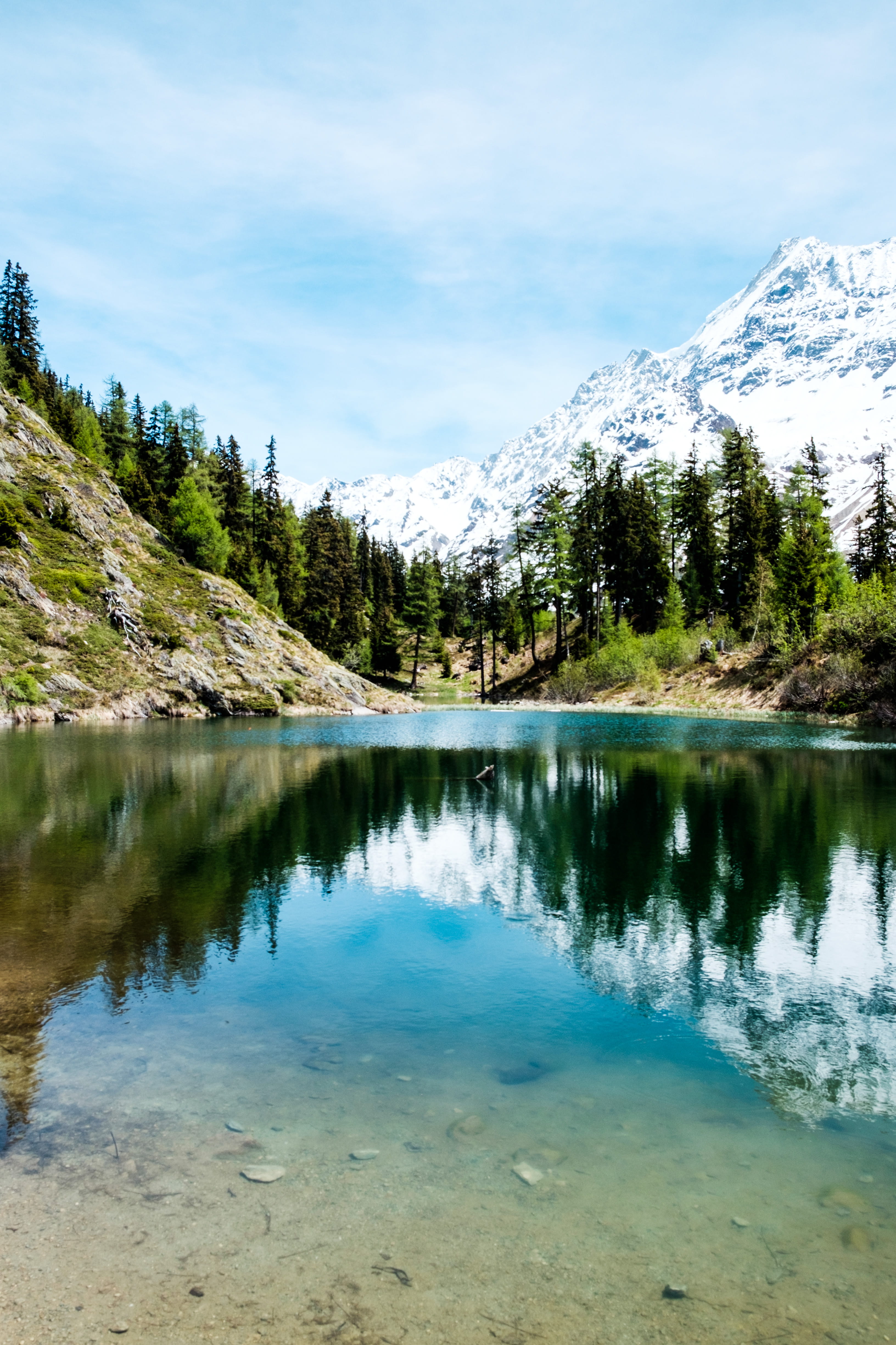valais, reflection lake, snow, 4K, cold temperature, trees, reflection, beauty in nature, mountain range, non-urban scene, plant, suisse, day, no people, Phone HD Wallpaper