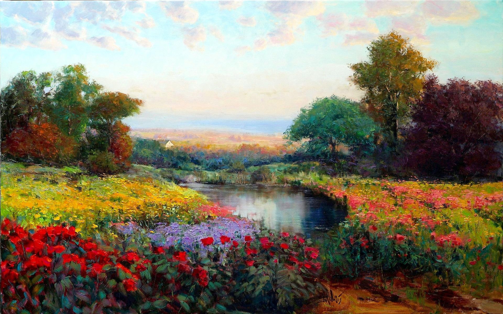 3d and abstract, eric wallis art, landscape, 1080P, spring, pond, flowers, lscape, HD Wallpaper