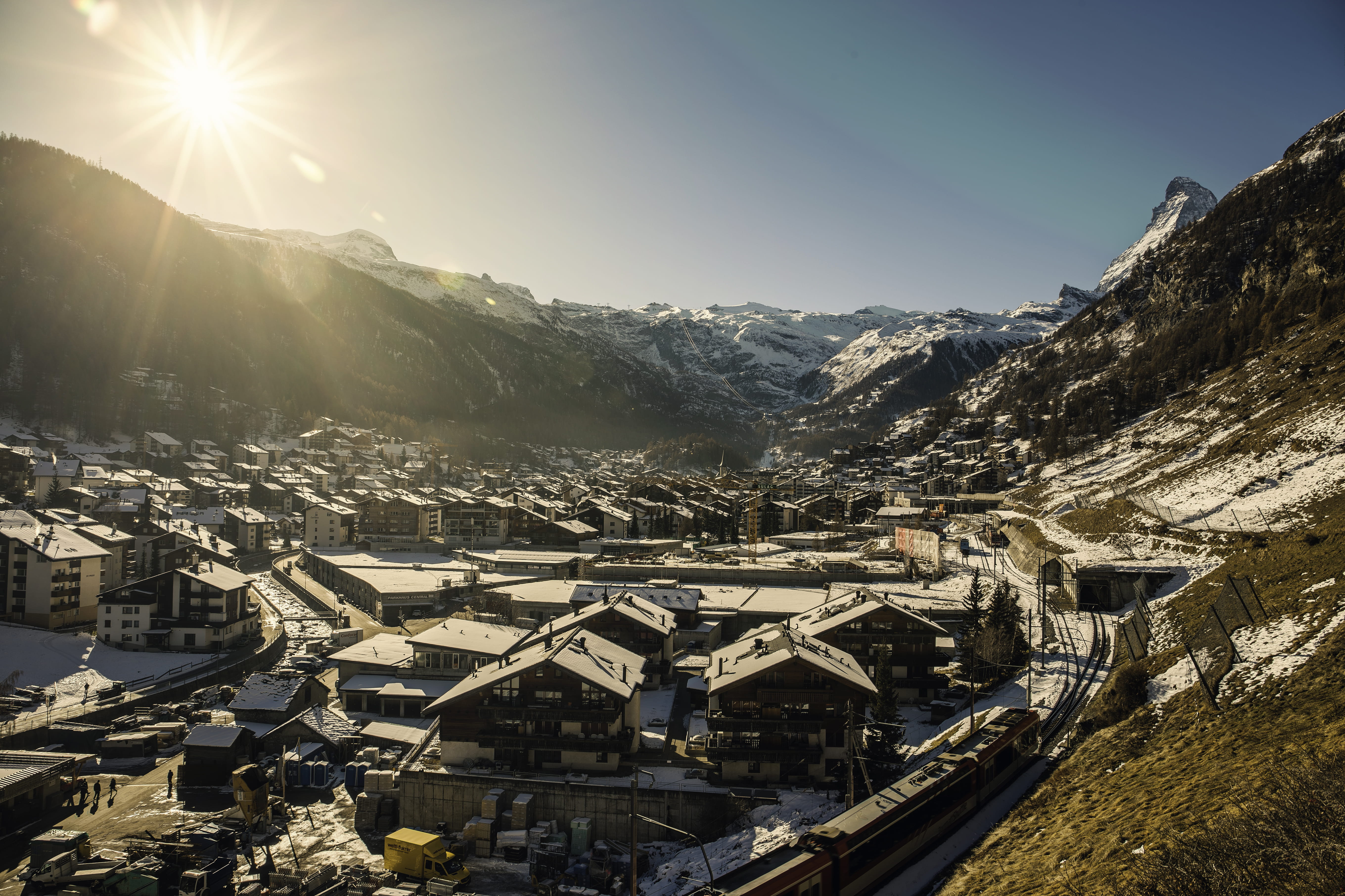 city, matterhorn, nature, mountain range, cold temperature, valais, sun, tourism, sunbeam, trees, mountain, snowcapped mountain, flares, mountains, bright, HD Wallpaper