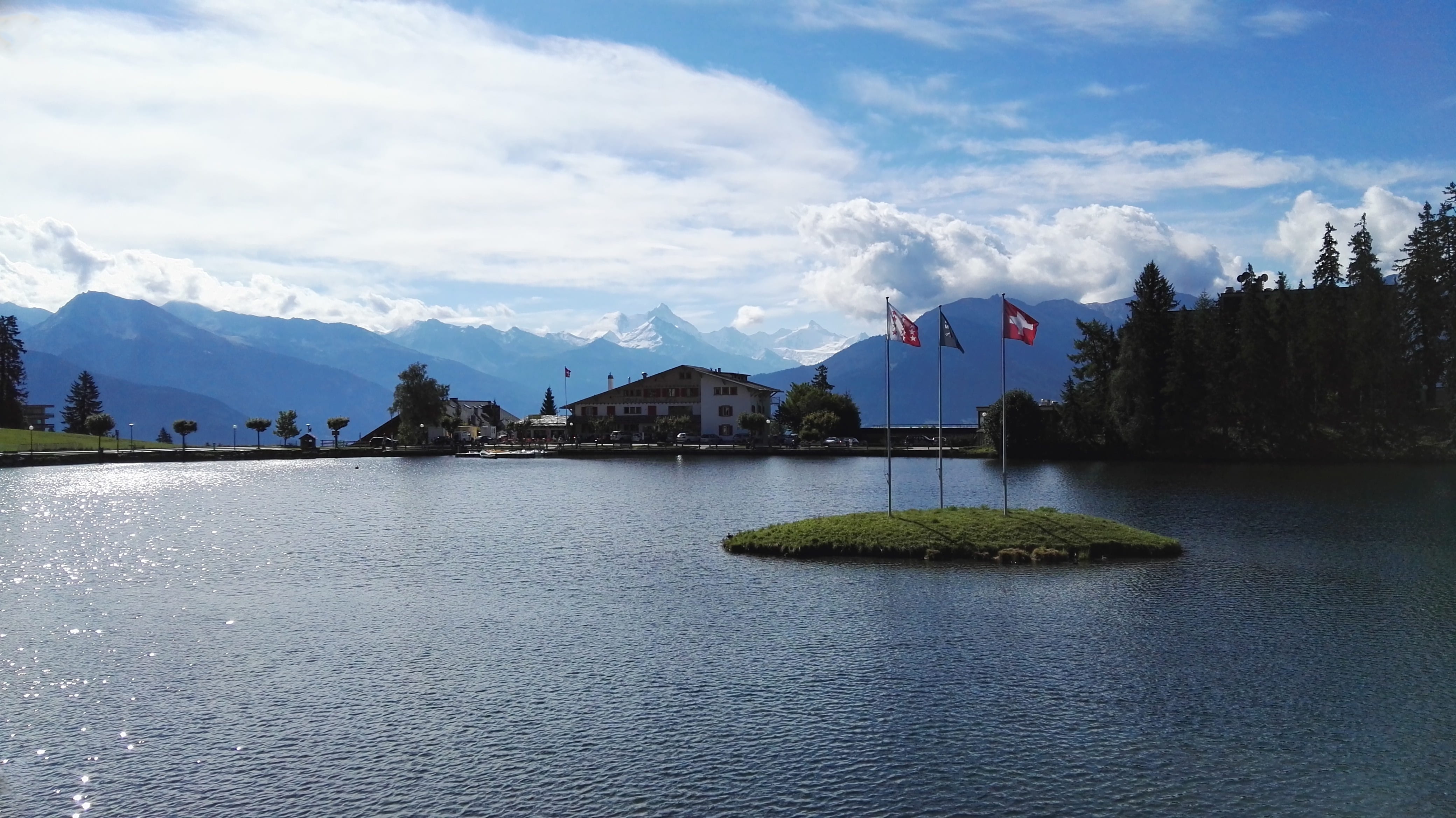 sky, etang grenon, mountain range, switzerland, nature, no people, day, 4K, plant, outdoors, water, patriotism, tree, summer, crans-montana, flag, snowcapped mountain, HD Wallpaper