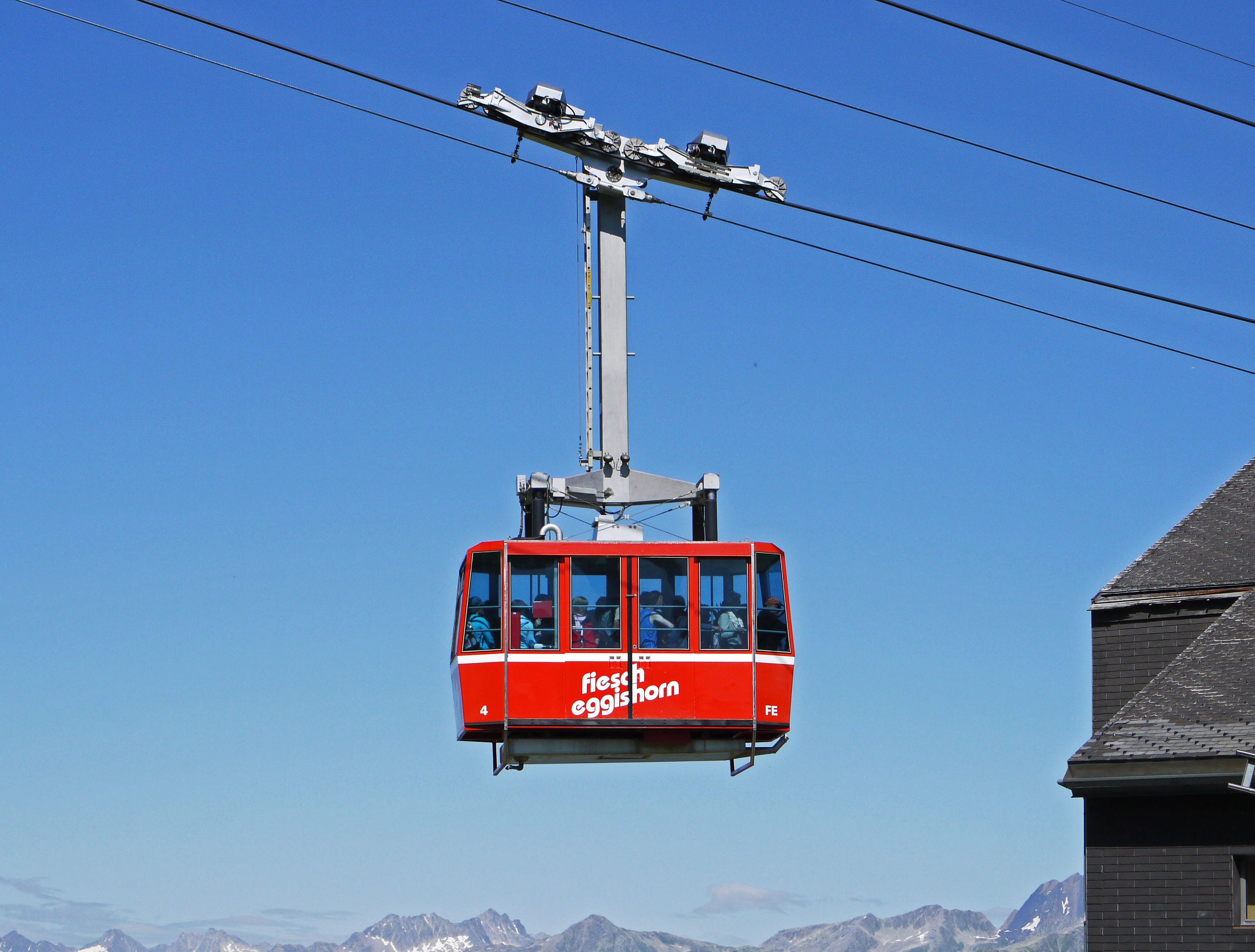 low angle view, no people, blue, 2K, day, mode of transportation, overhead cable car, arrival central station, snow, eggishorn, mountain peaks, built structure, HD Wallpaper