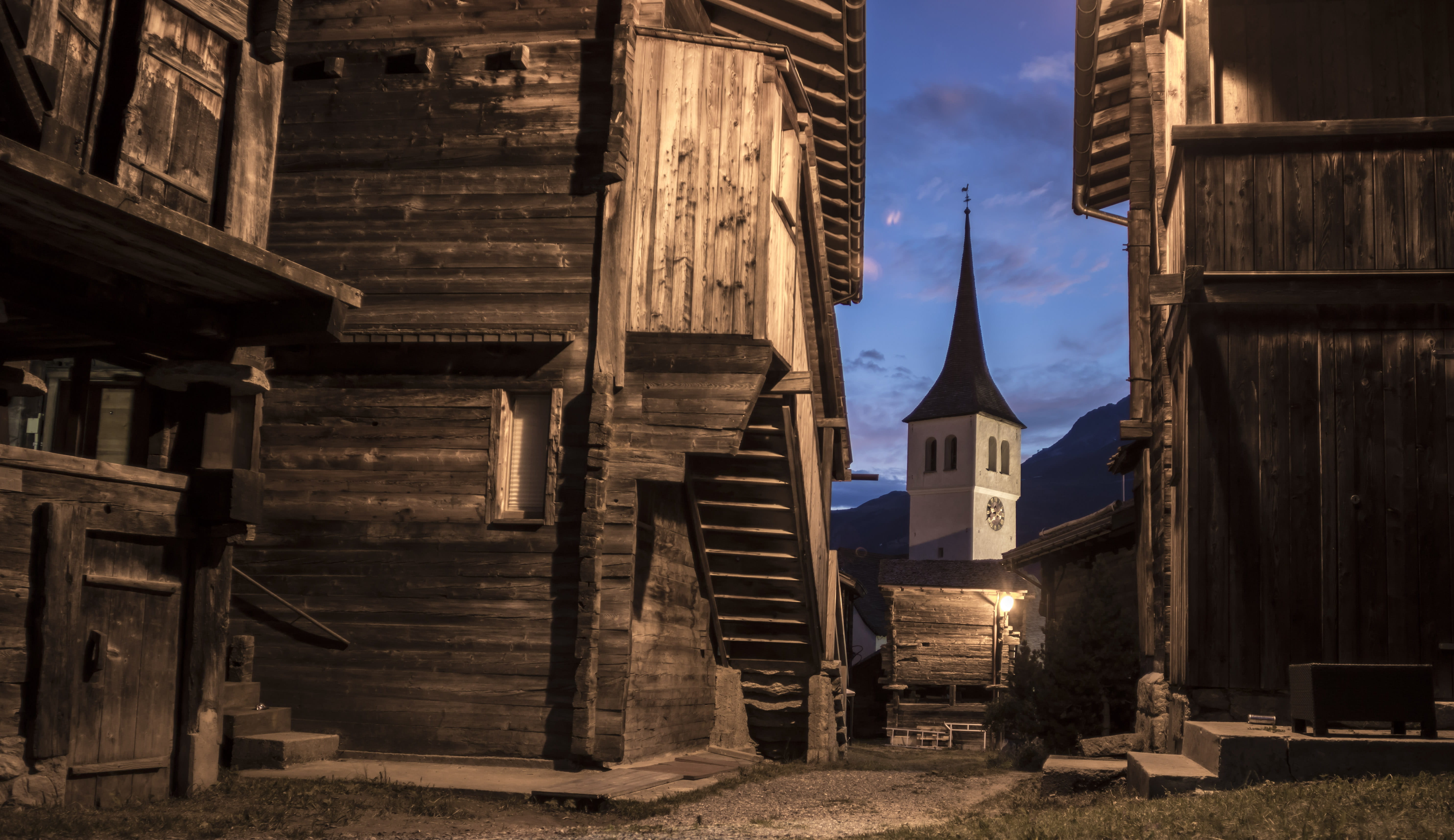clock, traditional design, bellwald, nighttime, near, nature, 5K, day, house, tower, countryside, history, sunrise, church, wooden, belief, built structure, HD Wallpaper