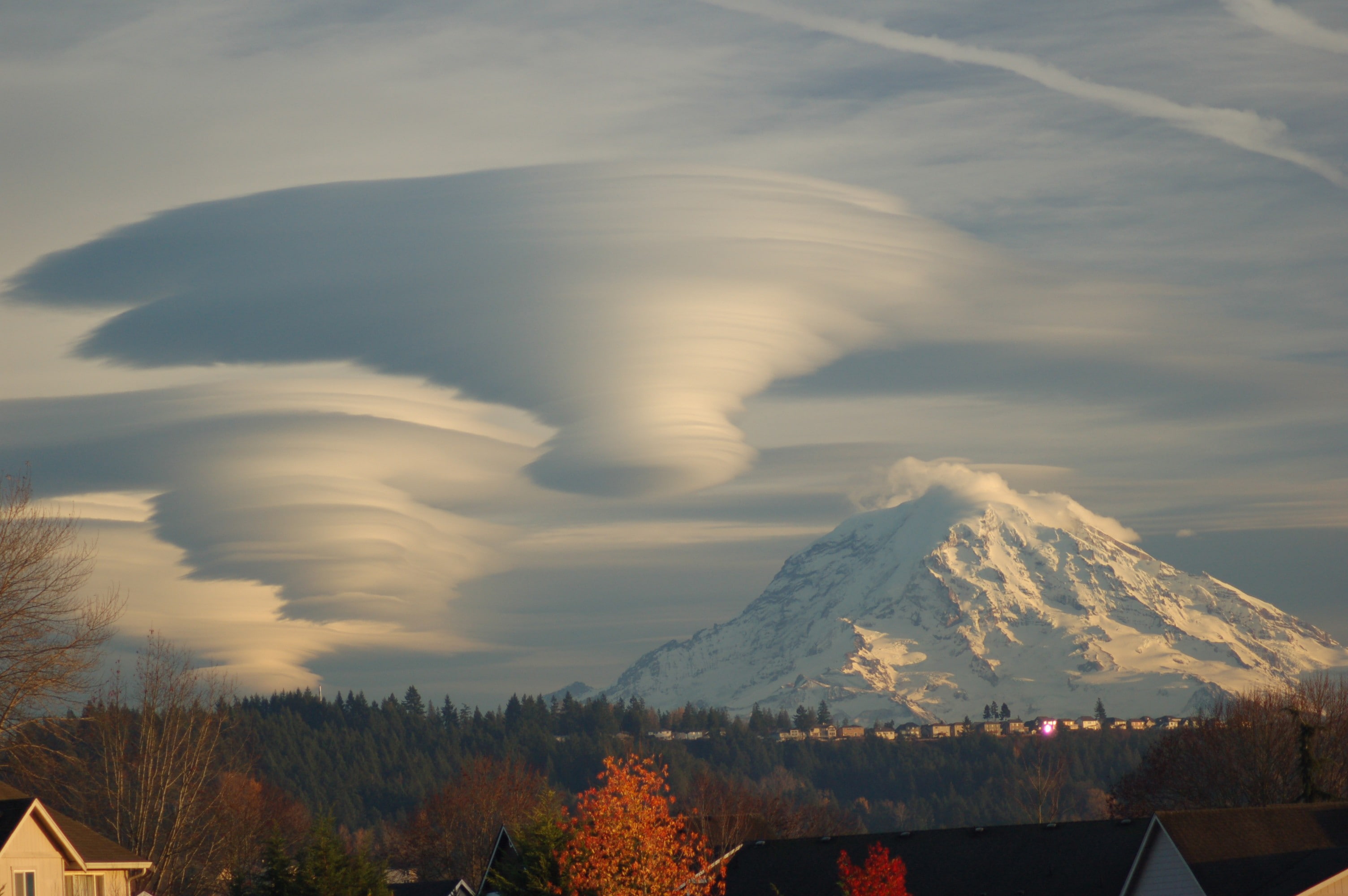 nature landscape mountains clouds washington state usa lenticular clouds trees forest snowy mountain rooftops house, 2K, HD Wallpaper