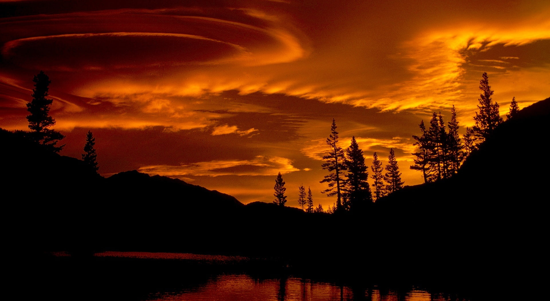no people, orange color, dramatic sky, 1080P, nature, tranquil scene, cloud - sky, tranquility, Yosemite, United States, silhouette, clouds, dark, mountain, HD Wallpaper