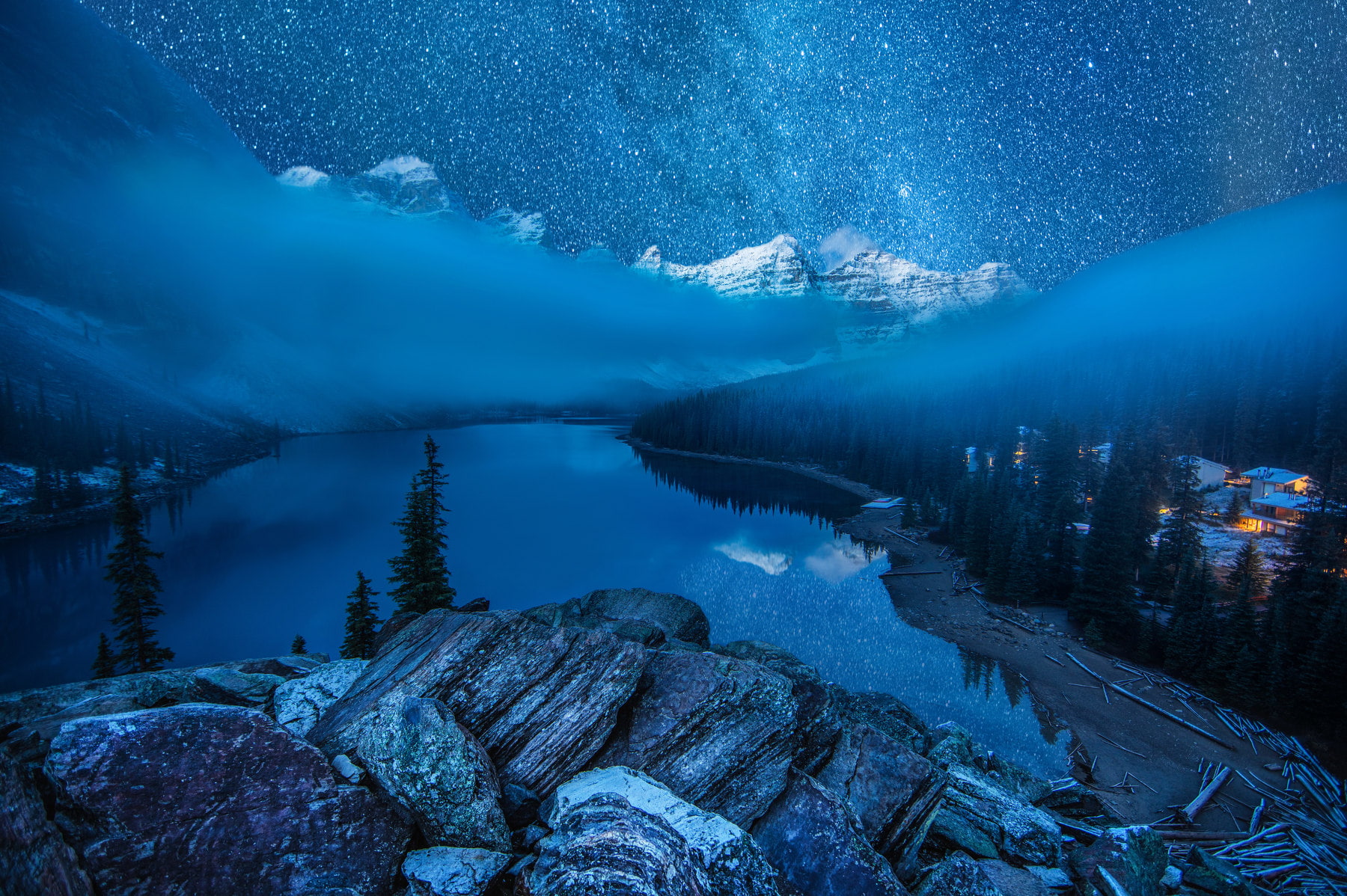 moraine, fog, lake, night, canada, winter, snow, sky, forest, stars, starry, 720P, HD Wallpaper