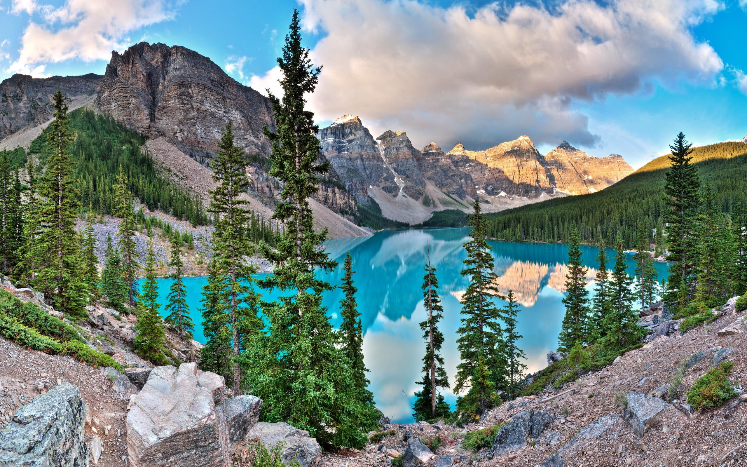 2K, picture, grove, stones, cold, lake, moraine, photo, blue, clouds, sunny, nice, beije, mountains, rocks, evening, HD Wallpaper