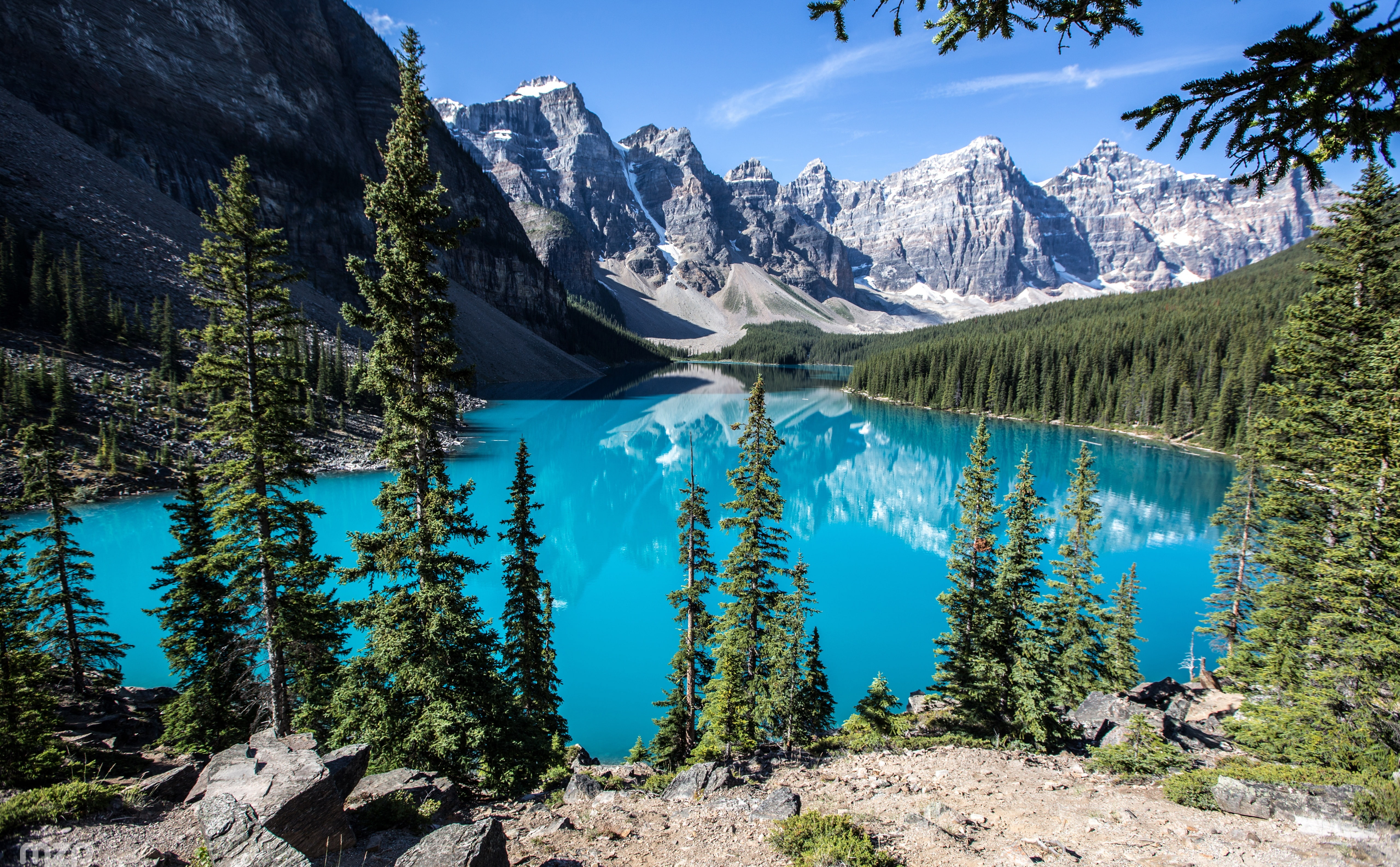 non-urban scene, Valley, surround, nature, plant, national, tree, formation, tranquil scene, Morning, Canada, 5K, Mountains, nationalpark, ValleyoftheTenPeaks, HD Wallpaper
