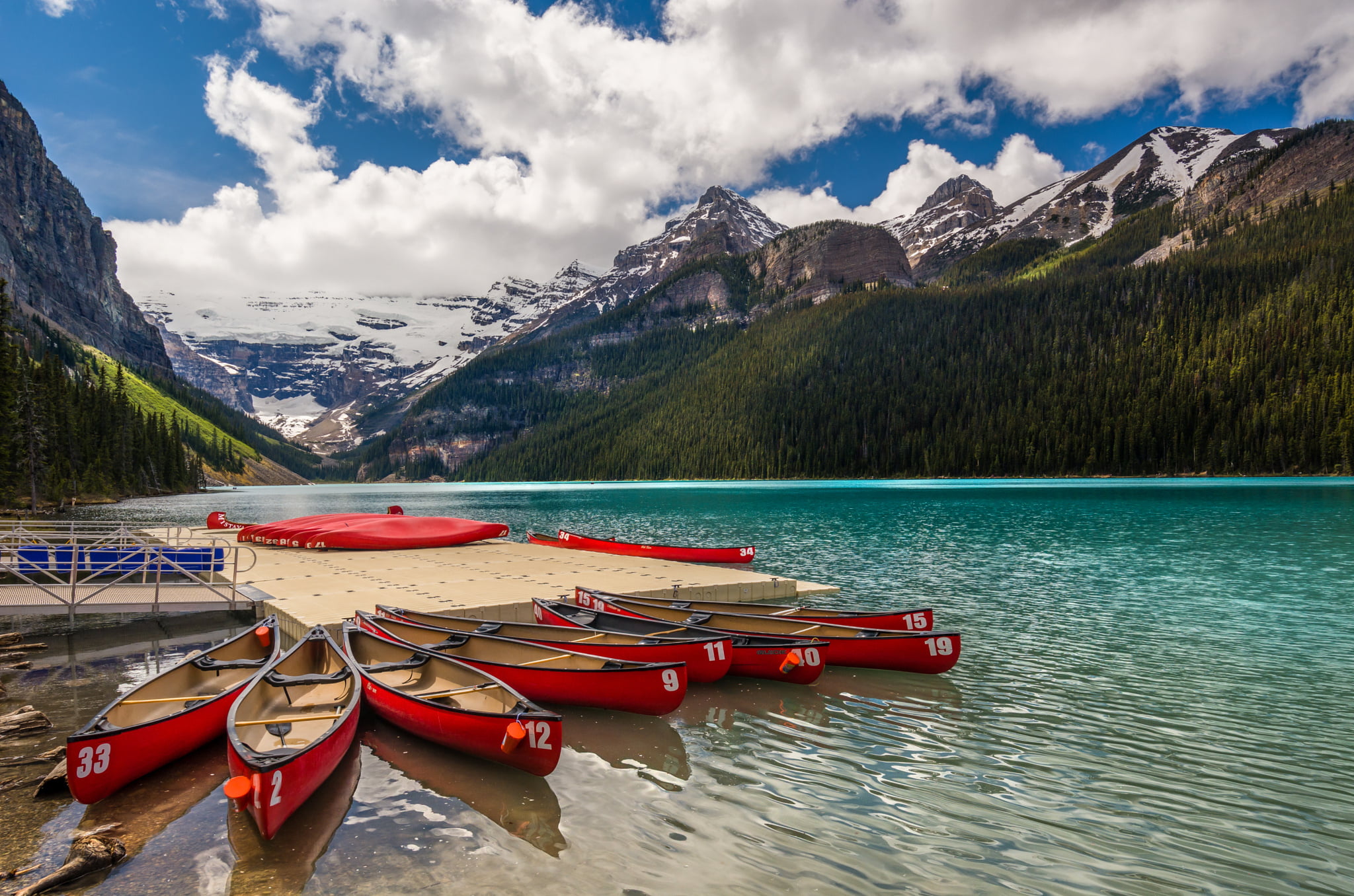landscape, moraine Lake, 1080P, tourism, cloud - sky, jasper - Canada, water, canoe, dolomites, summer, non-urban scene, european Alps, beauty In Nature, HD Wallpaper