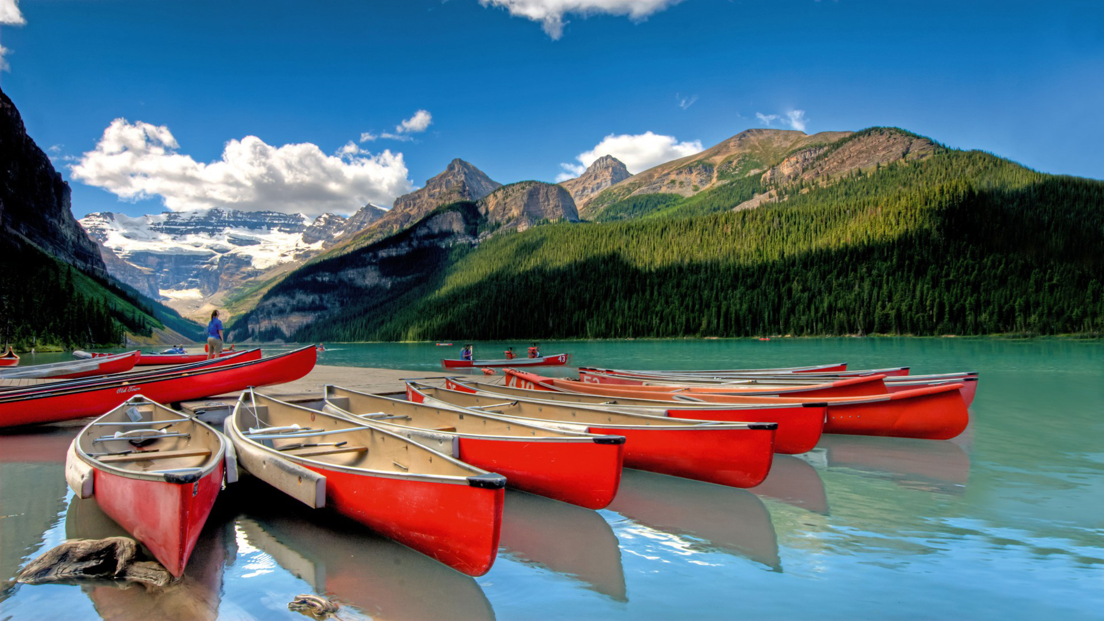 beauty in nature, non-urban scene, nature, desktop, snowcapped mountain, louise, 4K, outdoors, nautical vessel, national, formation, canoeing, tree, canada, HD Wallpaper