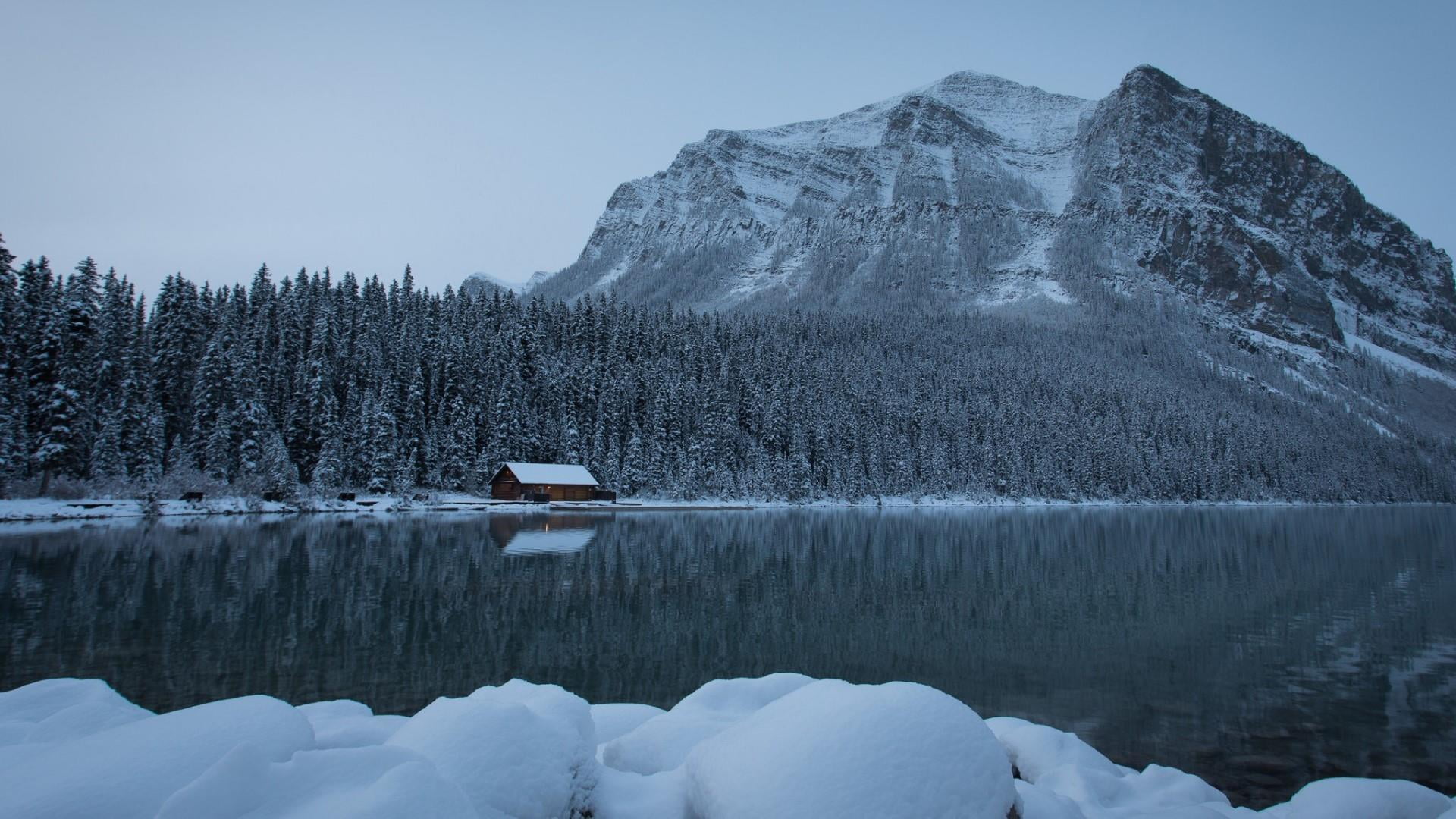 tranquility, winter, nature, ice, 1080P, water, lake, log cabin, canada, tranquil scene, mountain, bungalow, frozen, idyllic, reflection, day, tree, snow, HD Wallpaper