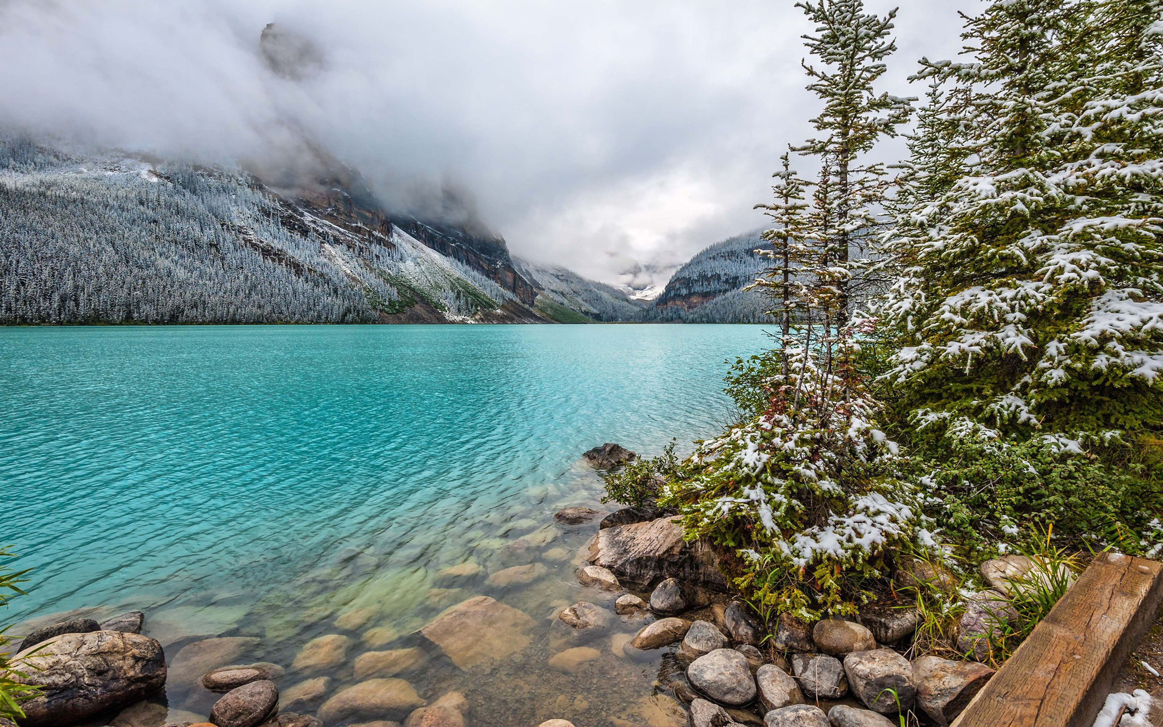 cloud - sky, water, turquoise colored, canada, plant, coniferous tree, outdoors, land, fog, solid, lake, snow, rock, mountain, hd, tranquil scene, tranquility, HD Wallpaper