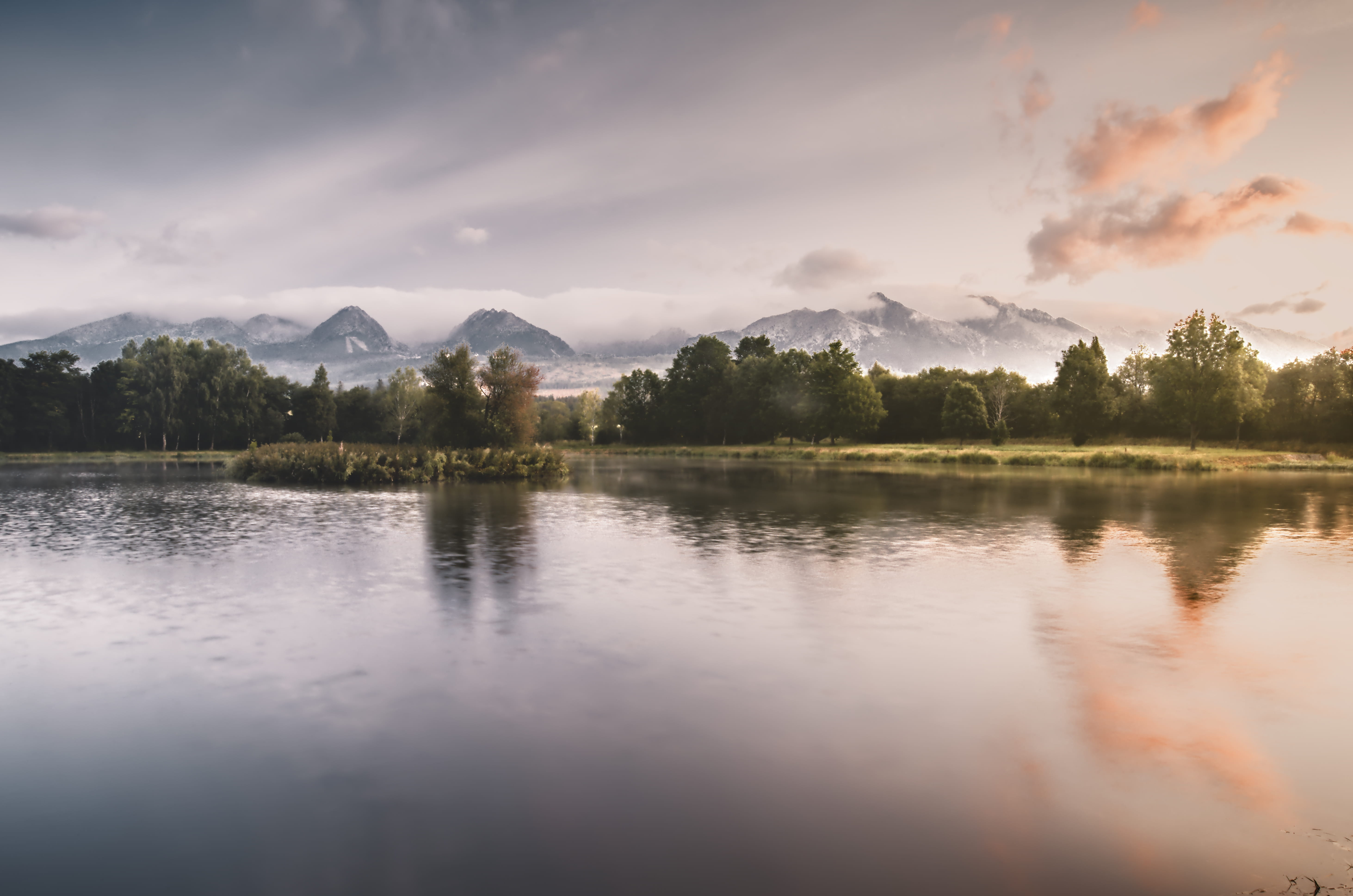 scenics - nature, mountains, slovakia, non-urban scene, landscape, tatras, trees, background, no people, tranquility, sunset, pond, morning, clouds, plant, HD Wallpaper