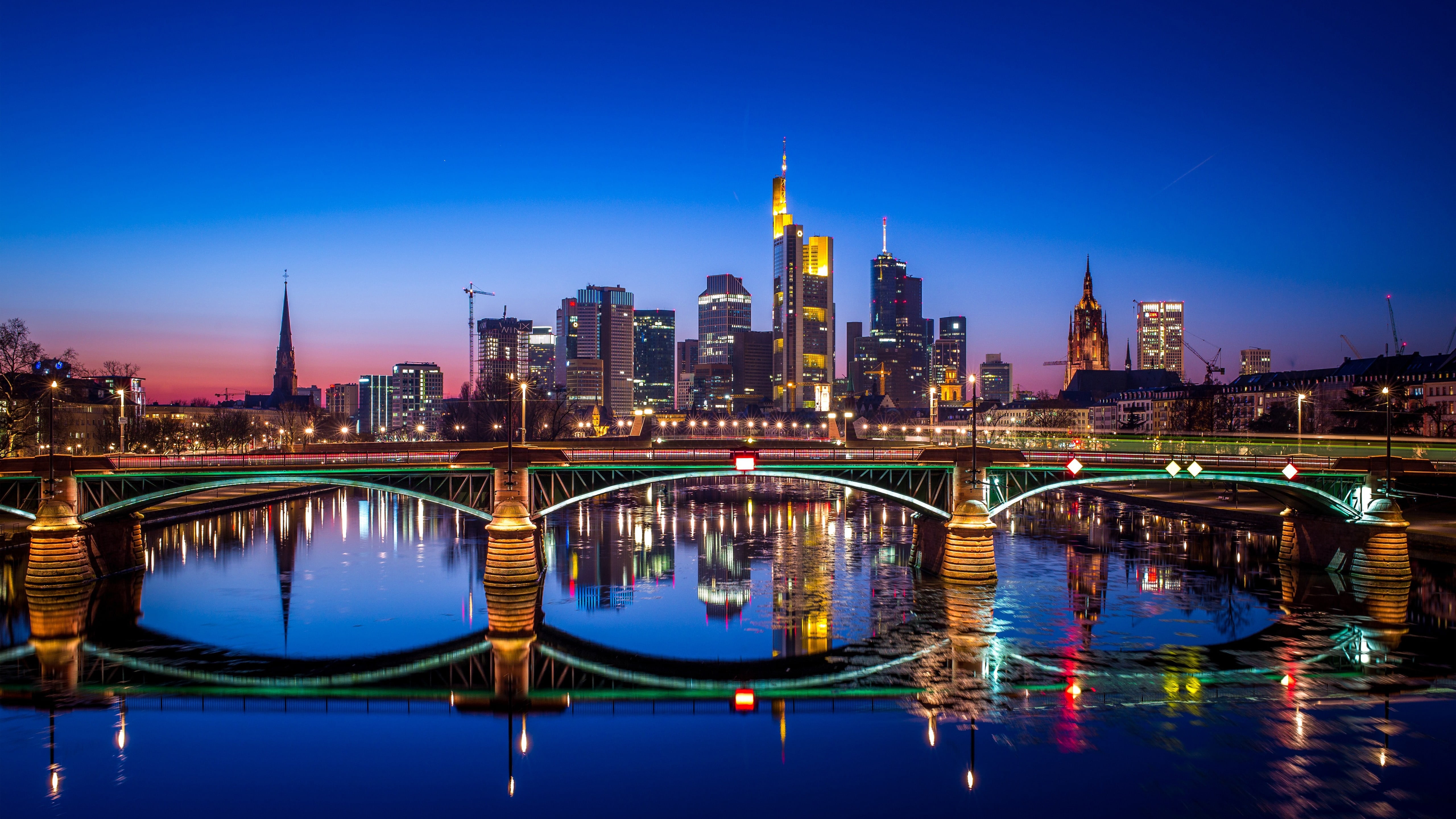 office building exterior, building, dusk, financial district, architecture, spire, skyscraper, illuminated, cityscape, bridge, no people, frankfurt, city lights, HD Wallpaper