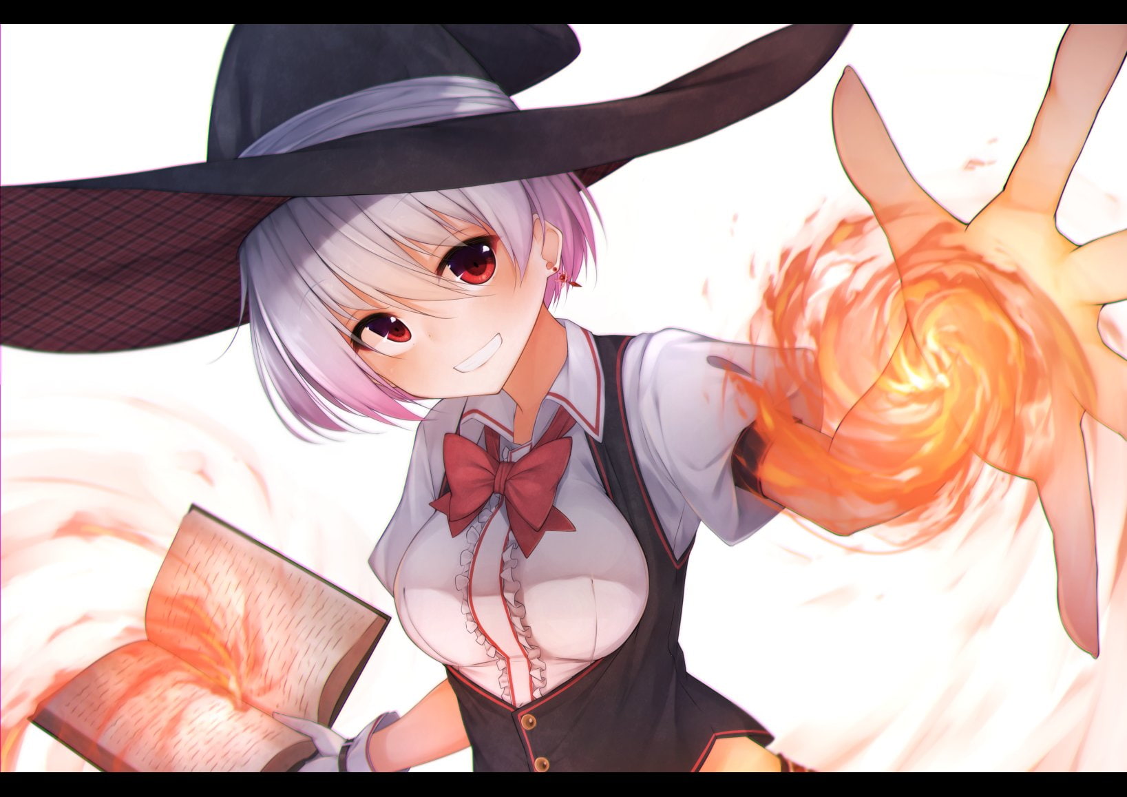 Anime, Girl, Hat, bow (Clothing), Magic, Smile, 720P, Original, Red Eyes, Fire, Book, Witch, Purple Hair, Short Hair, HD Wallpaper