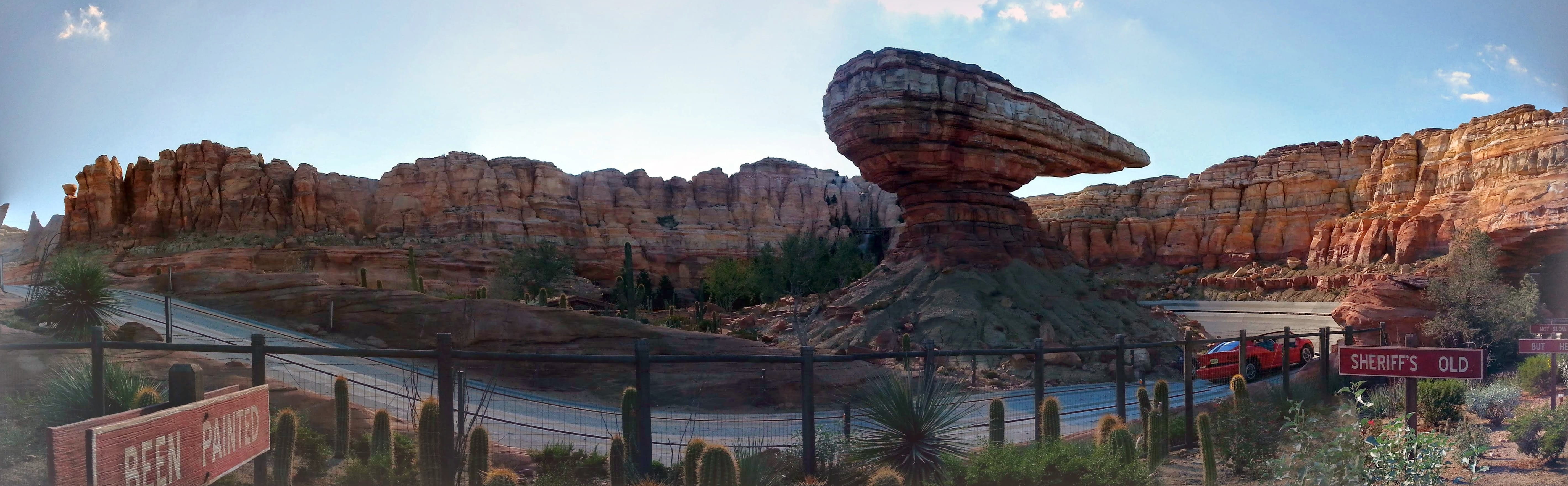 cars, rock formation, geology, non-urban scene, Butte, travel destinations, scenics - nature, mountain, california adventure, sky, physical geography, Cars Land, HD Wallpaper