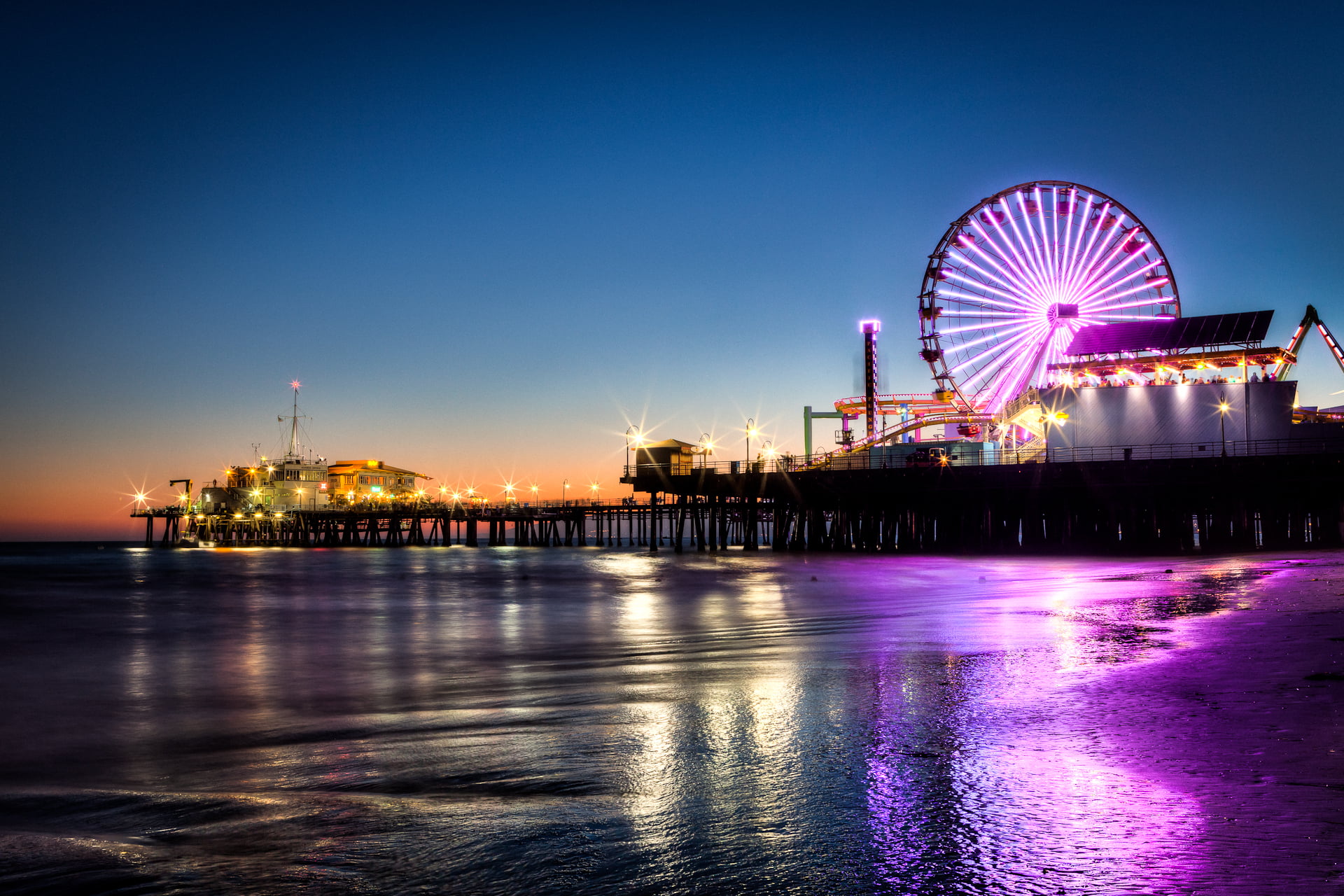 California, water, waterfront, night, nature, lighting Equipment, sky, ferris Wheel, commercial Dock, pier, architecture, the city, wheel, sunset, urban Scene, HD Wallpaper