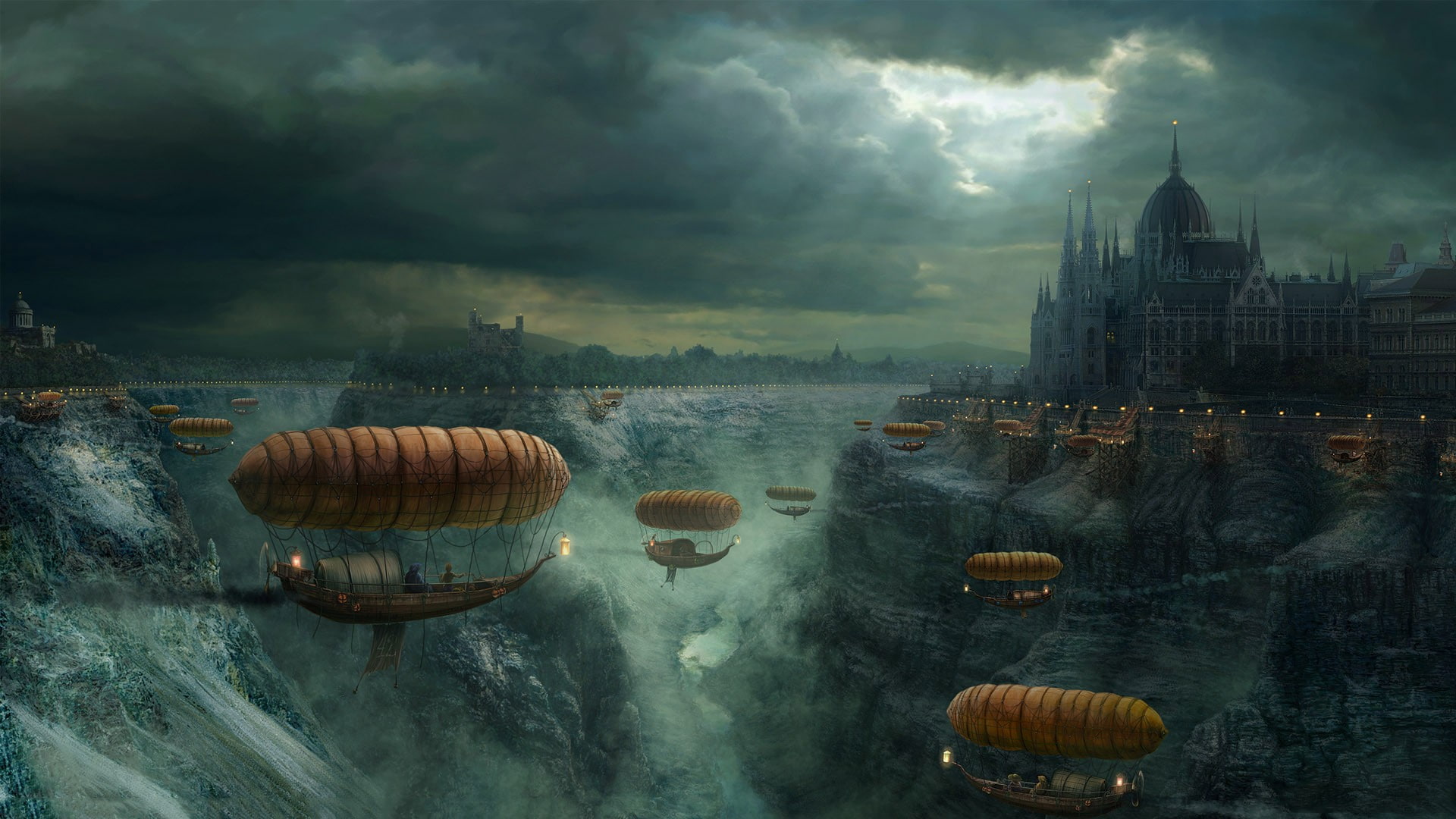 rock, drawing, architecture, Zeppelin, sunlight, fantasy art, clouds, 1080P, cathedral, HD Wallpaper