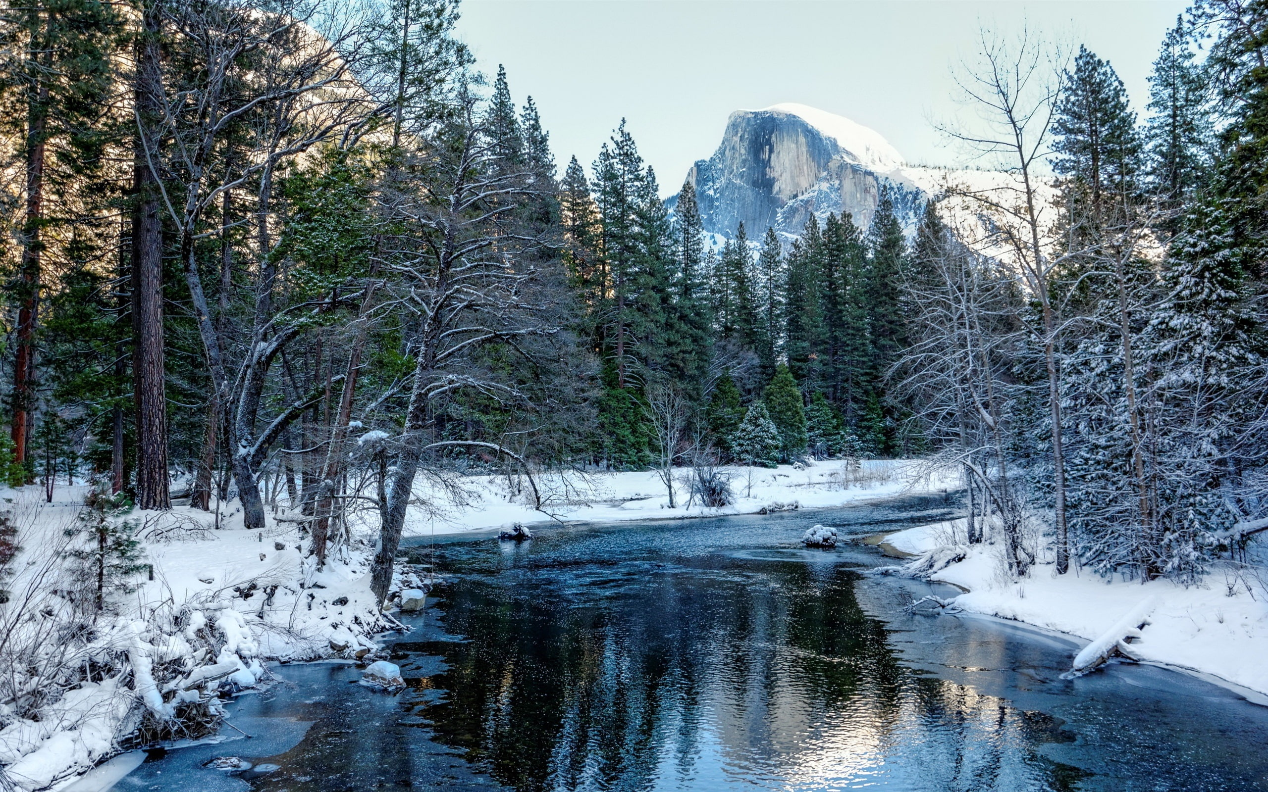 River, USA, National, Park, warter, Mountains, 2K, Forest, body, Snow, California, Trees, Yosemite, HD Wallpaper
