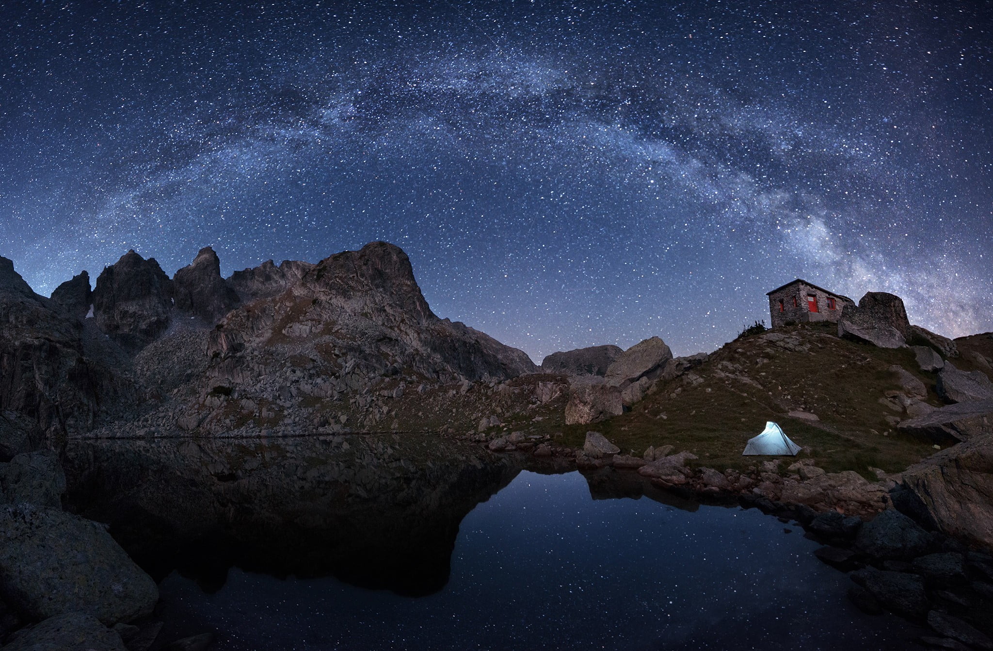 stars, landscape, rock, mountain, star - space, nature, architecture, night, lake, astronomy, space, water, mountains, solid, space and astronomy, reflection, HD Wallpaper