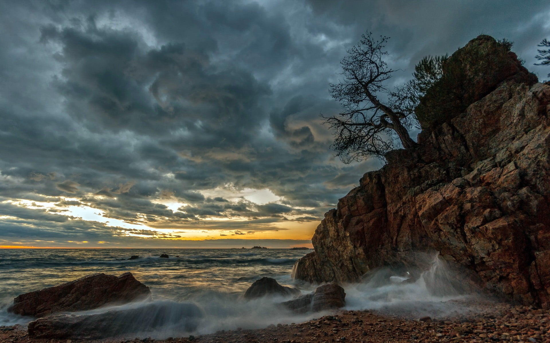 mountain, 1080P, nature, solid, non-urban scene, shore, land, motion, scenics - nature, water, no people, tranquility, beach, sky, sunset, rock - object, HD Wallpaper