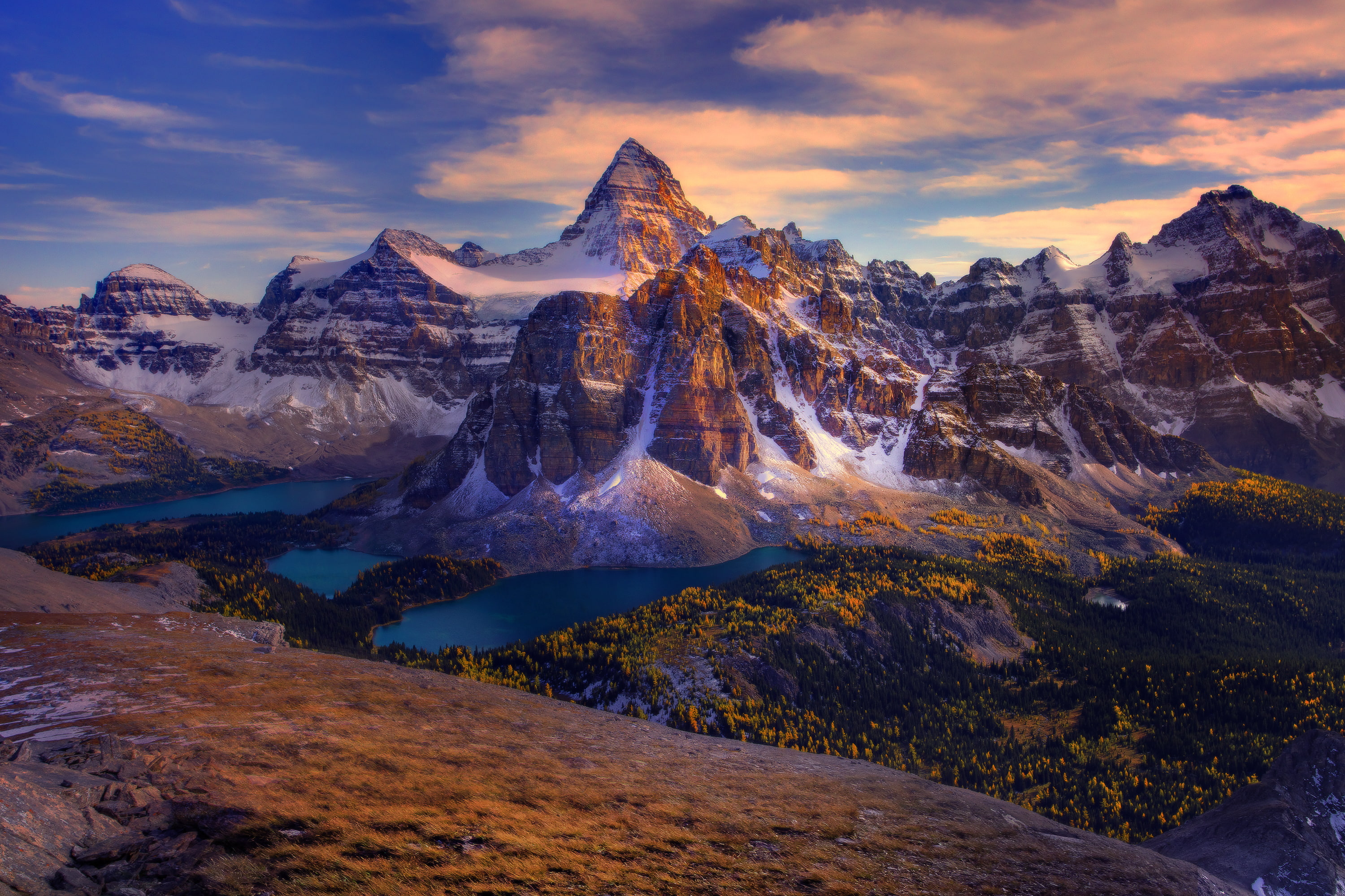 beside, Canada, Mount Assiniboine, water, British Columbia, Canadian Rockies, Pyramidal peak, cloudy, daytime, Great Divide, body, blue, digital, HD Wallpaper