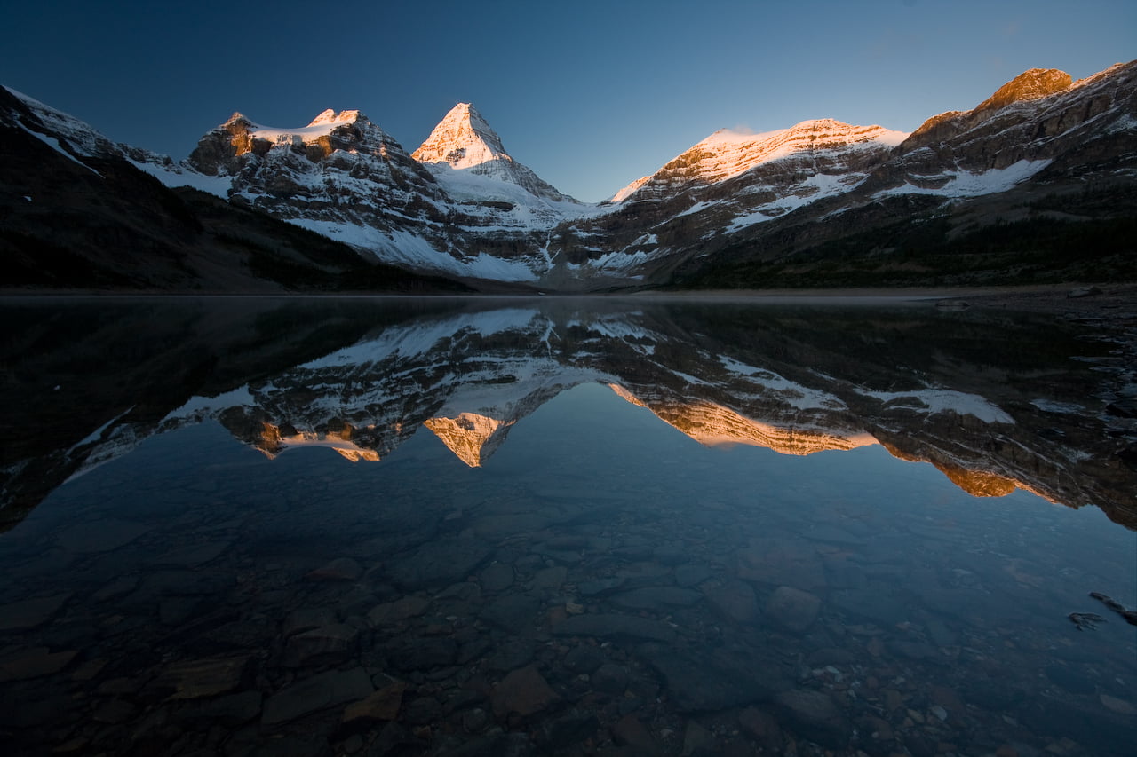 reflection, blue, body of water, magog, british columbia, mountain, assiniboine, water, nature, snow, lake, landscape, rocks, scenics, 720P, mountain Peak, HD Wallpaper