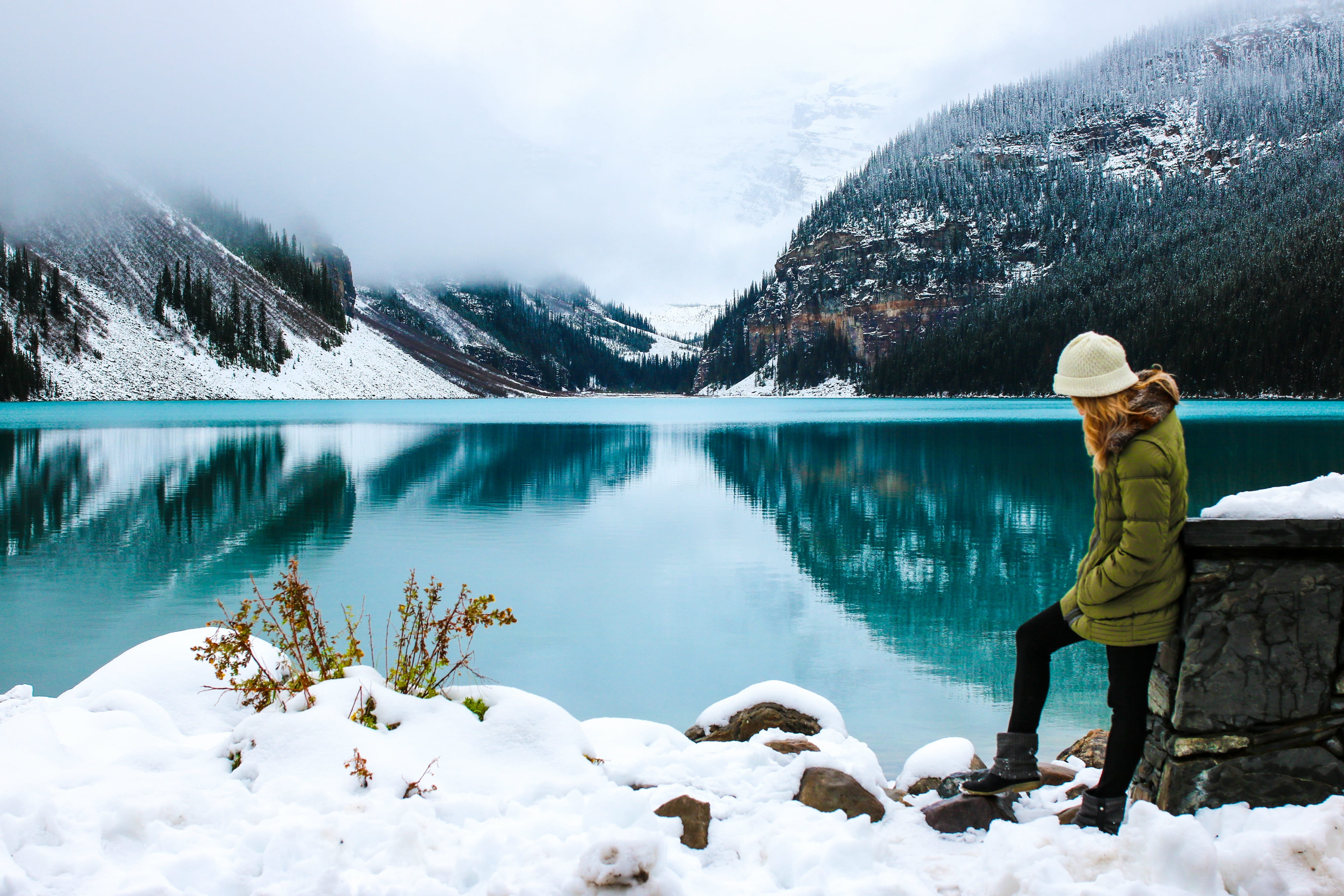 4K, snowcapped mountain, wonder, scenics - nature, banff, lady, national, winter, beautiful, alberta, standing, lifestyles, glaciers, louise, season, warm clothing, HD Wallpaper