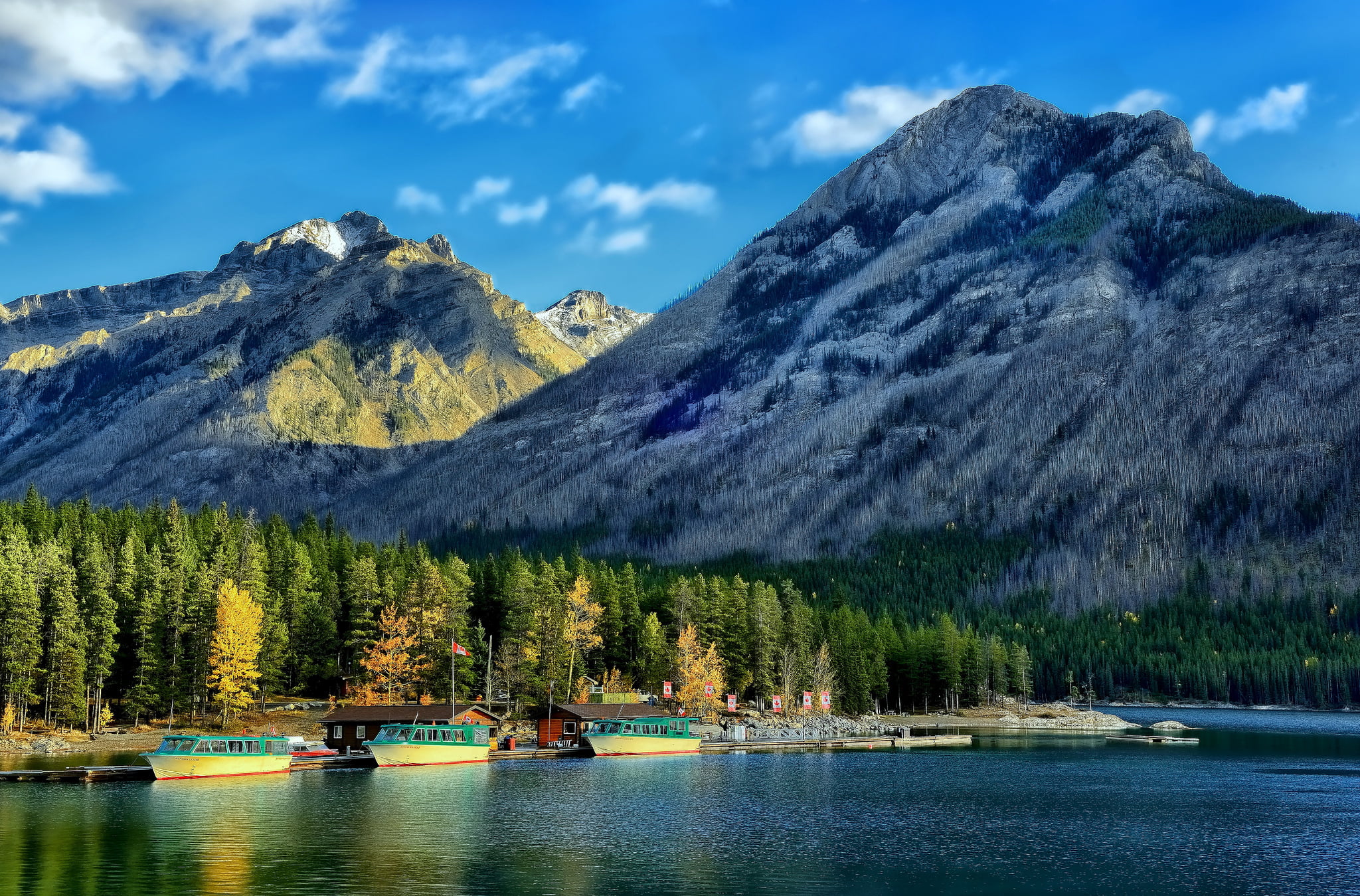 no people, Canadian Rockies, nature, water, transportation, waterfront, mode of transportation, nautical vessel, forest, lake, 1080P, plant, mountain range, HD Wallpaper
