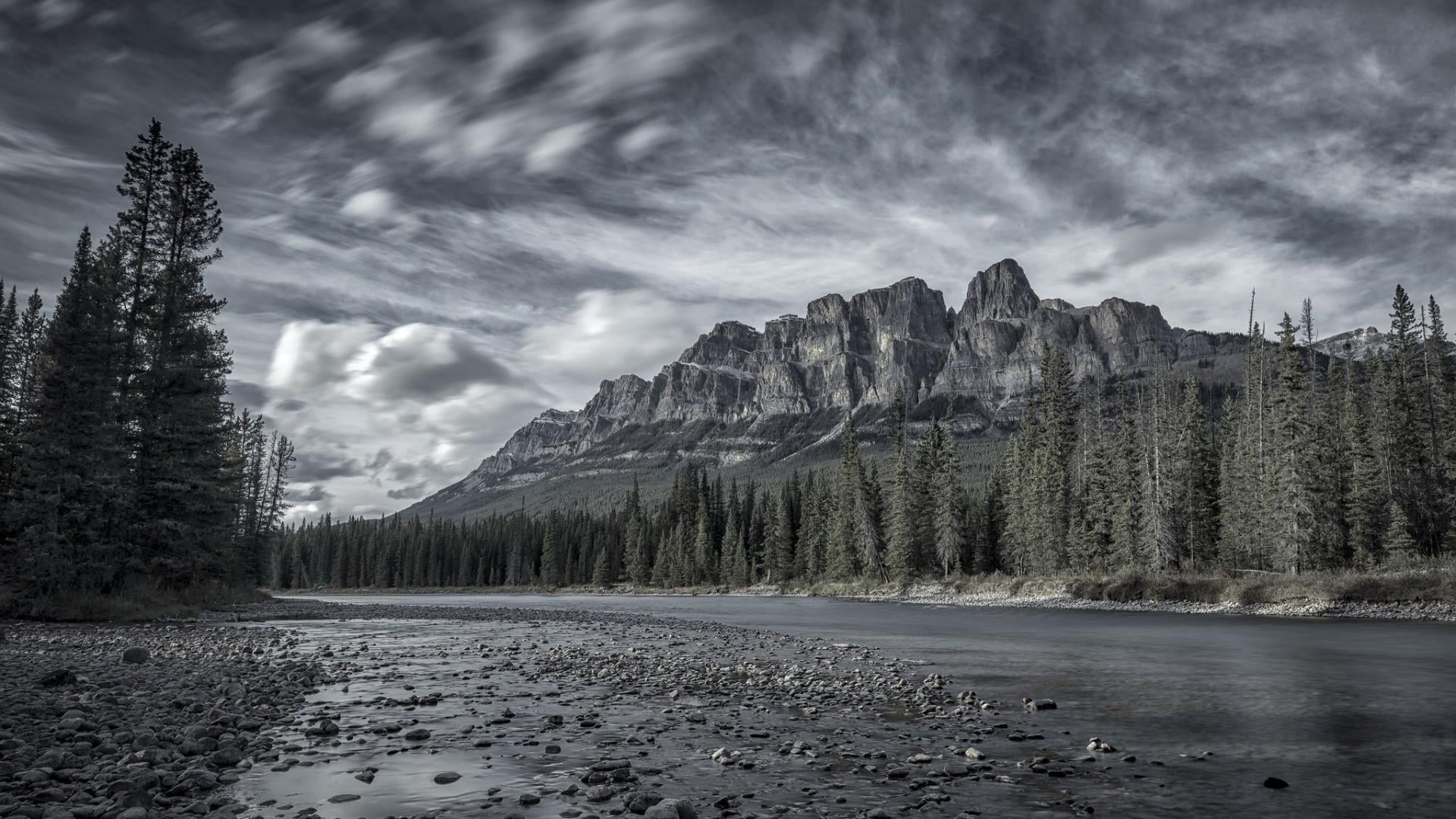 tranquility, water, alberta, scenics - nature, cloud, wilderness, land, cloud - sky, non-urban scene, mountain, canada, winter, plant, beauty in nature, HD Wallpaper