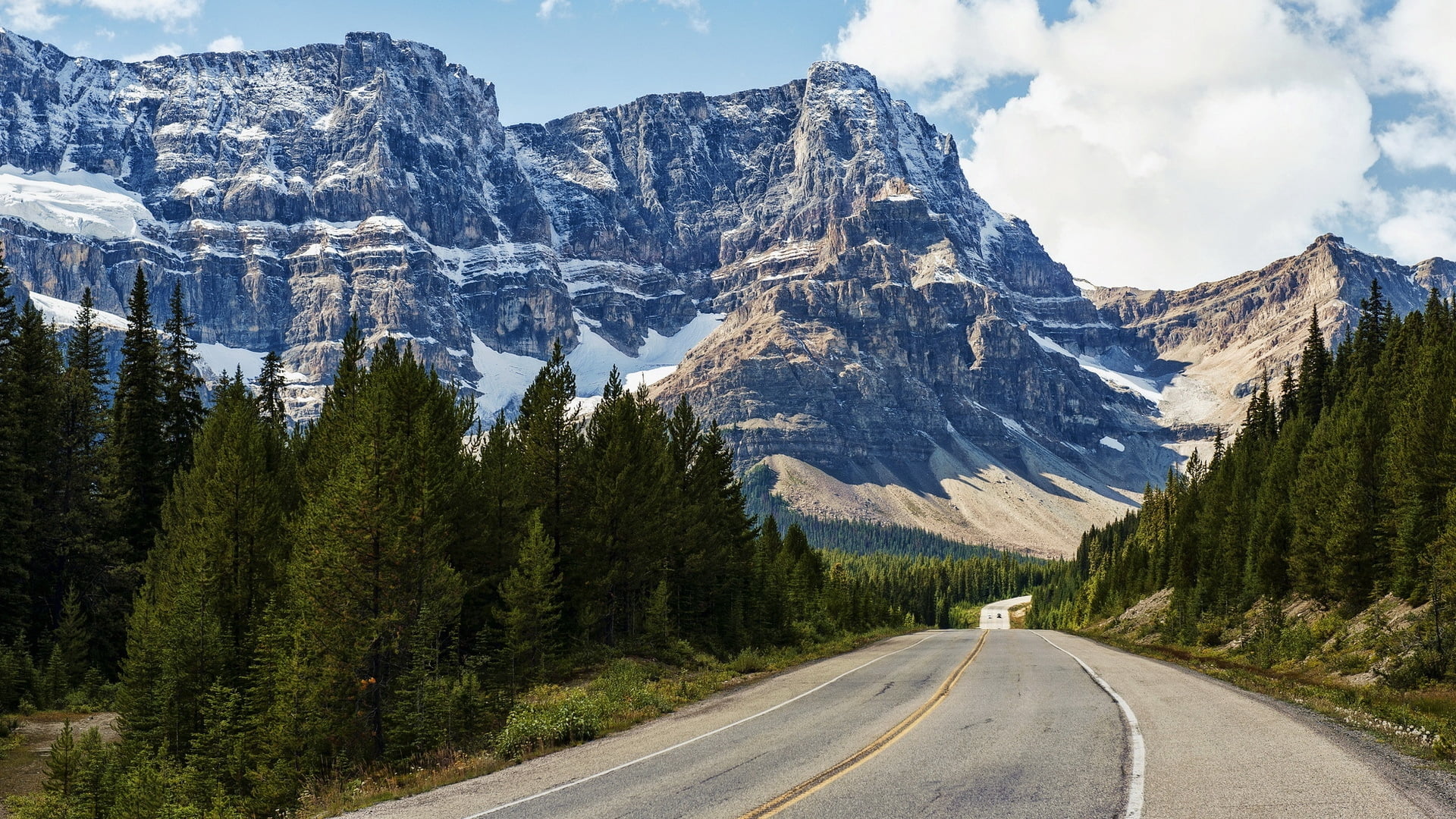 beauty In Nature, alberta, blue, snowcapped mountain, travel, 1080P, gray, road, day, plant, road marking, forest, rock - Object, direction, banff, banff National Park, HD Wallpaper