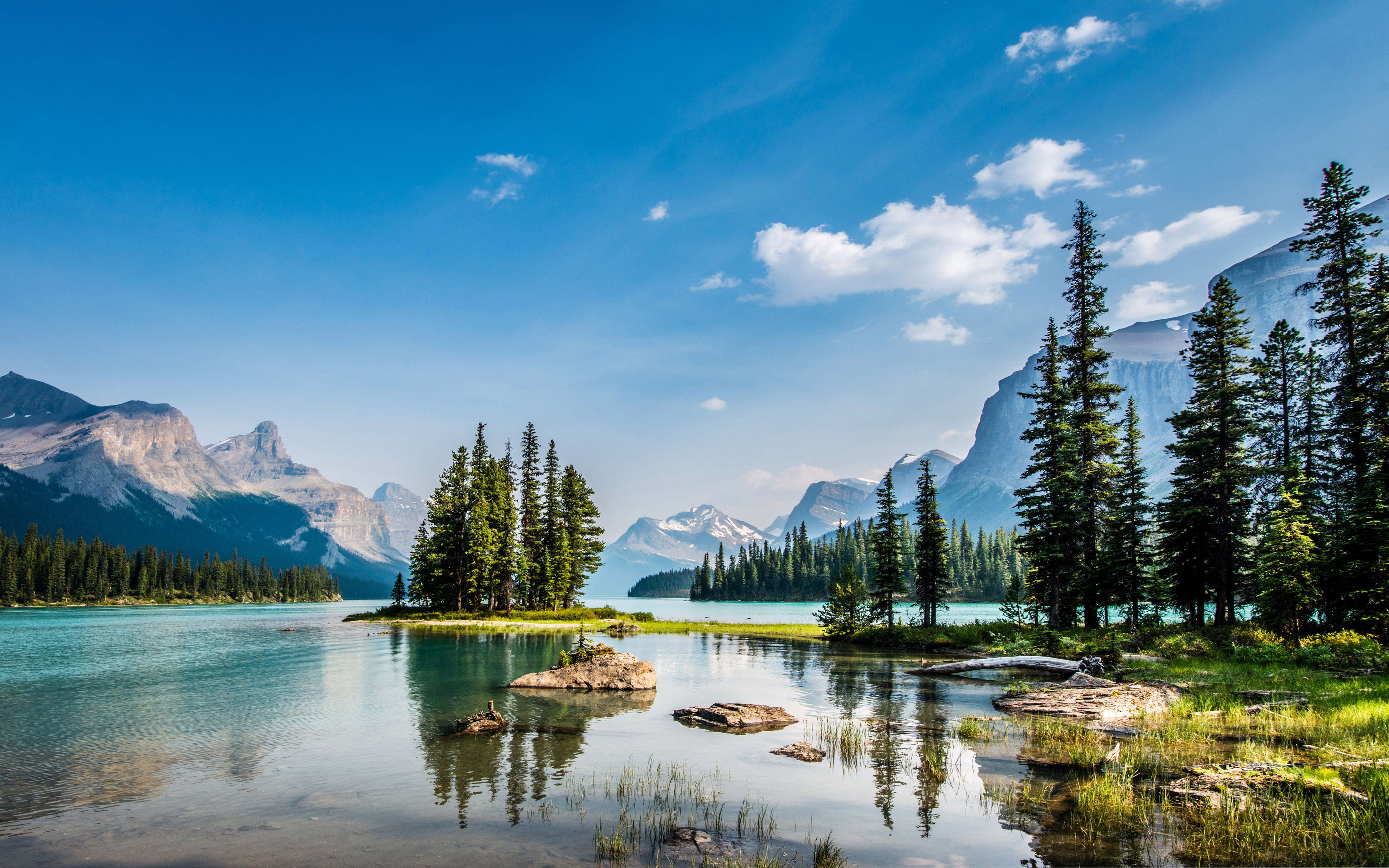 idyllic, cloud - sky, 4K, park, national, maligne, mountain, non-urban scene, tree, no people, outdoors, sky, tranquility, spirit, day, hd, reflection, HD Wallpaper
