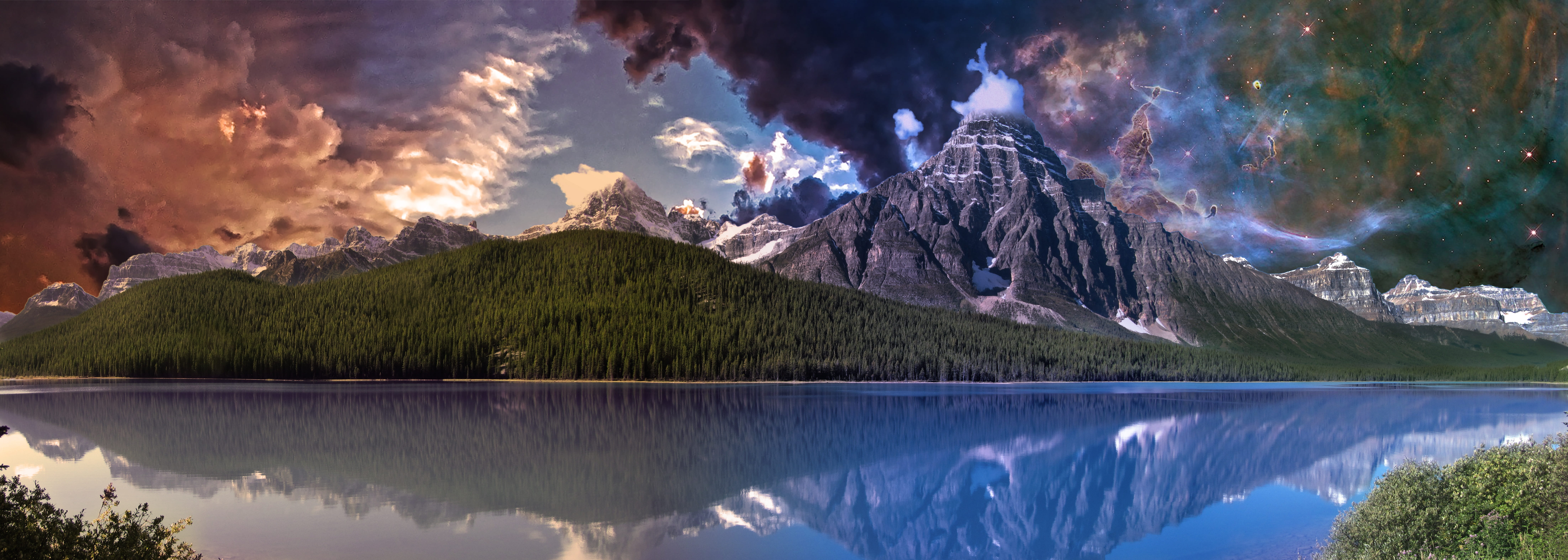 water, science fiction, no people, scenery, scenic, nature, clouds, wilderness, tranquility, stars, mountain peak, body, mountain range, canada, valley, HD Wallpaper