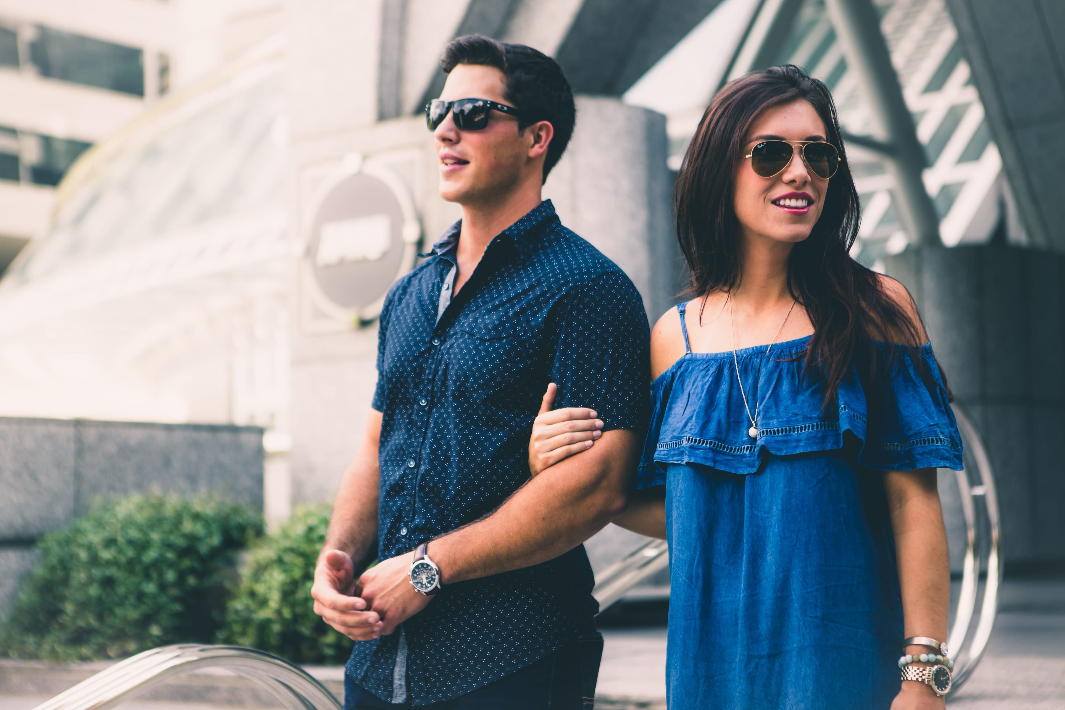man, glasses, city, happiness, walking, fore arms, togetherness, denim, casual clothing, s, young women, lifestyles, arm, outdoors, caucasian, linked, two people, HD Wallpaper