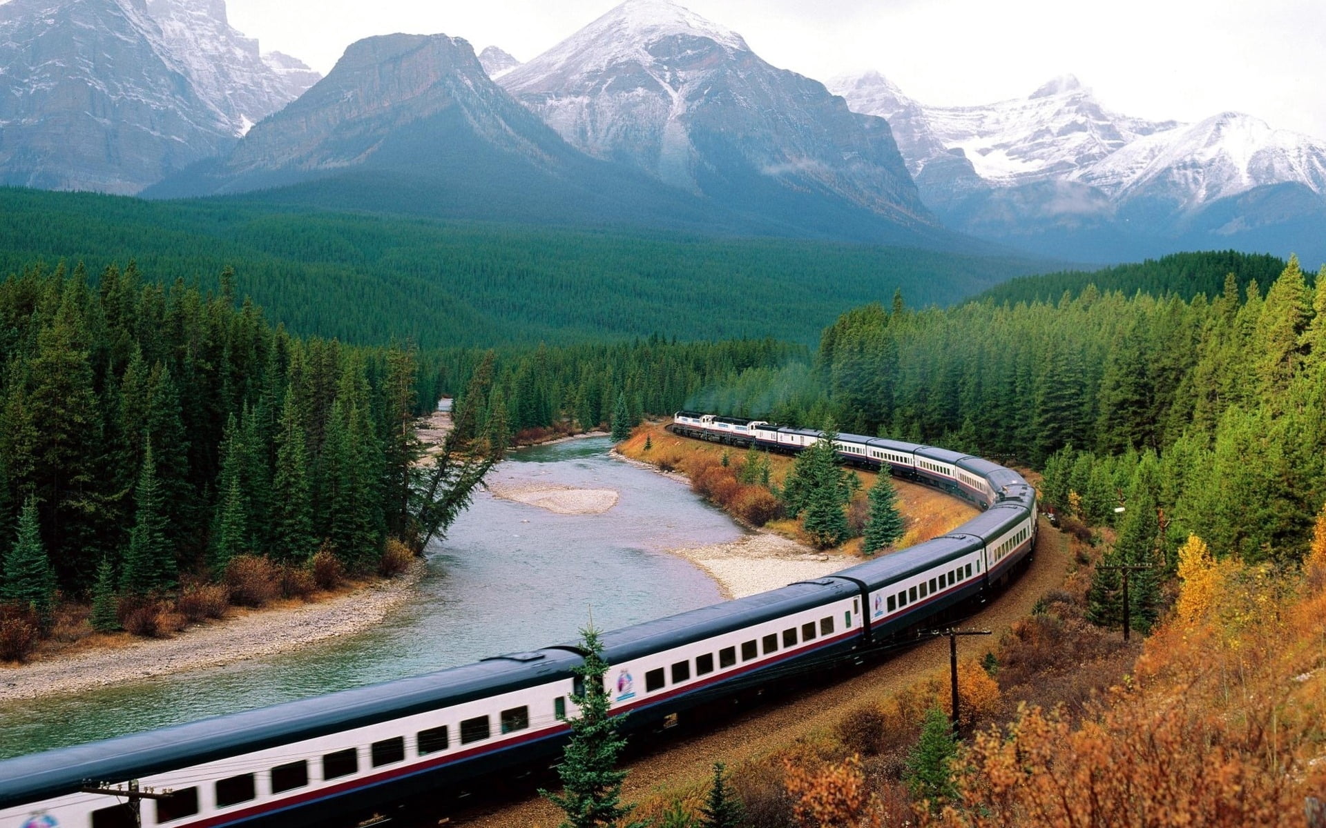 connection, bridge, landscape, plant, lake, canada, day, train, mountain, banff National Park, blue, autumn, 1080P, outdoors, scenics, forest, canadian Rockies, HD Wallpaper