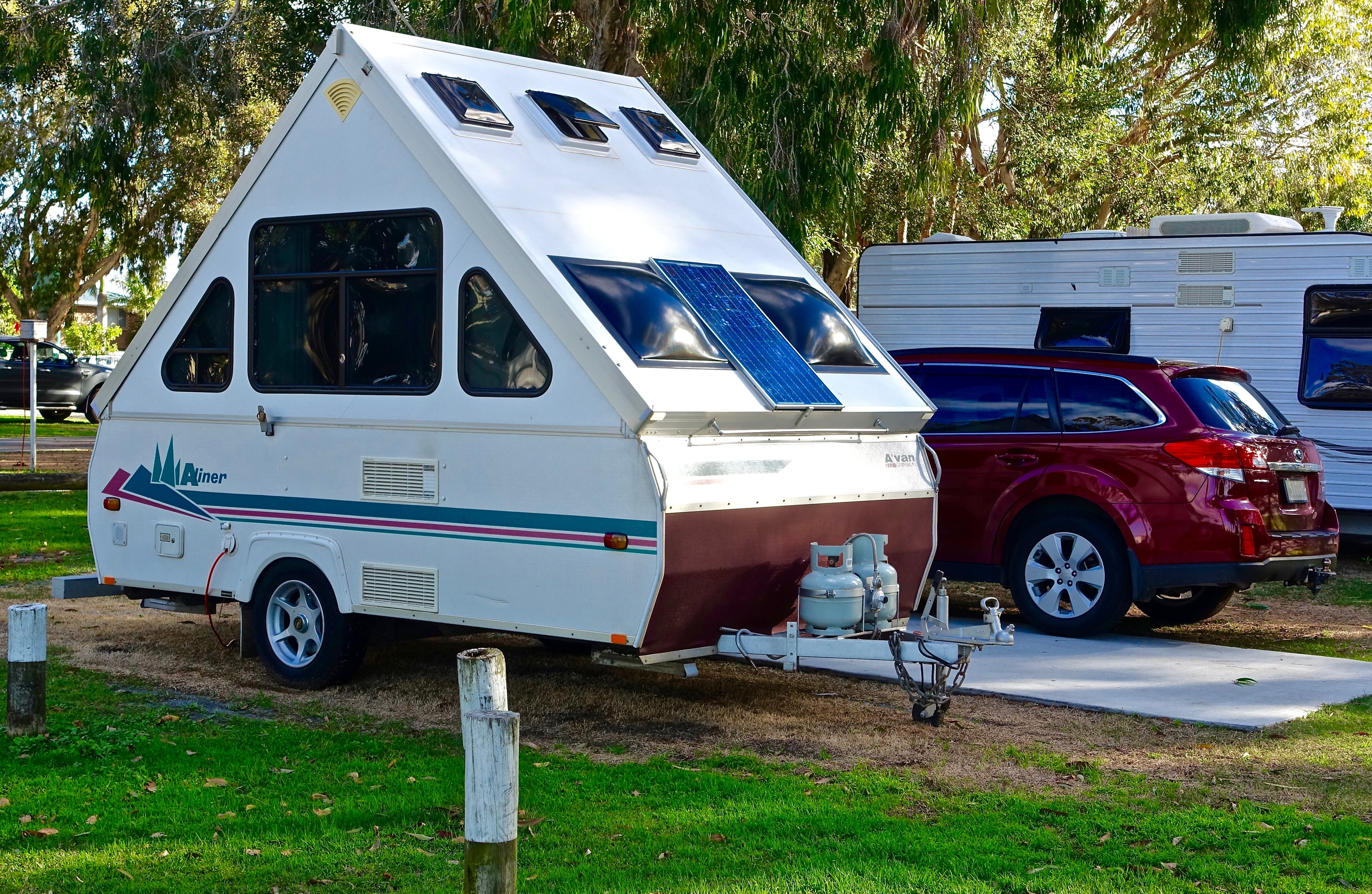 day, blue, suv, street, white color, daytime, camping, caravan, road, land vehicle, trailer, plant, travel, motor vehicle, recreation, fire engine, tree, HD Wallpaper